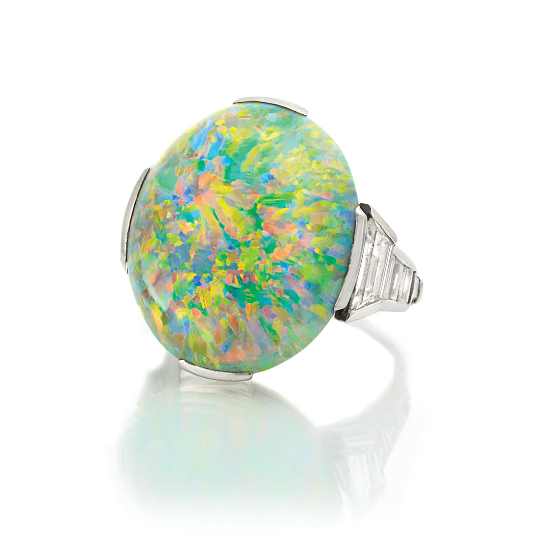 Lot image - Art Deco Platinum, Opal and Diamond Ring