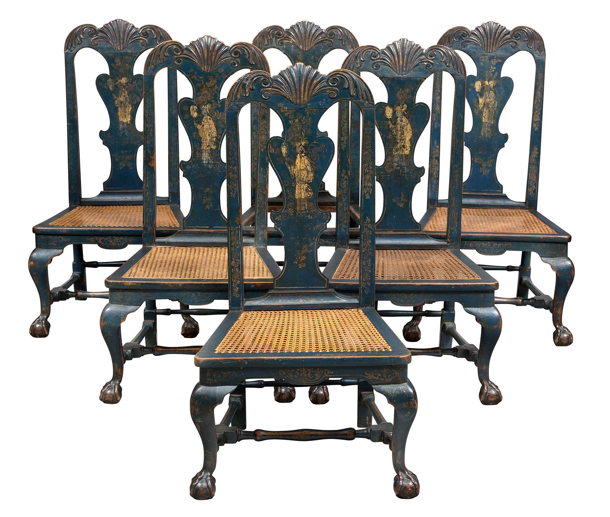 Lot image - Set of Six Blue Continental Blue-Japanned and Parcel-Gilt Caned Side Chairs
