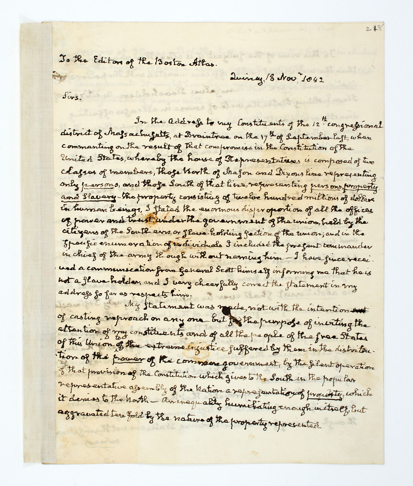 Lot image - ADAMS, JOHN QUINCY  Letter to the editors of the Boston Atlas