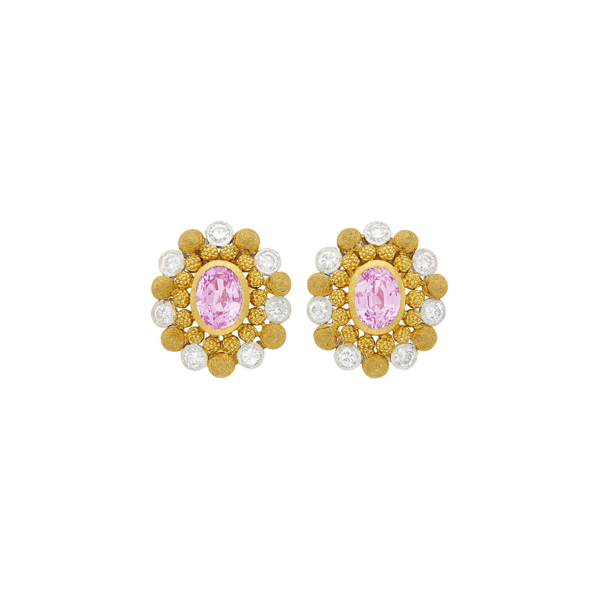 Lot image - Mario Buccellati Pair of Two-Color Gold, Pink Sapphire and Diamond Earclips