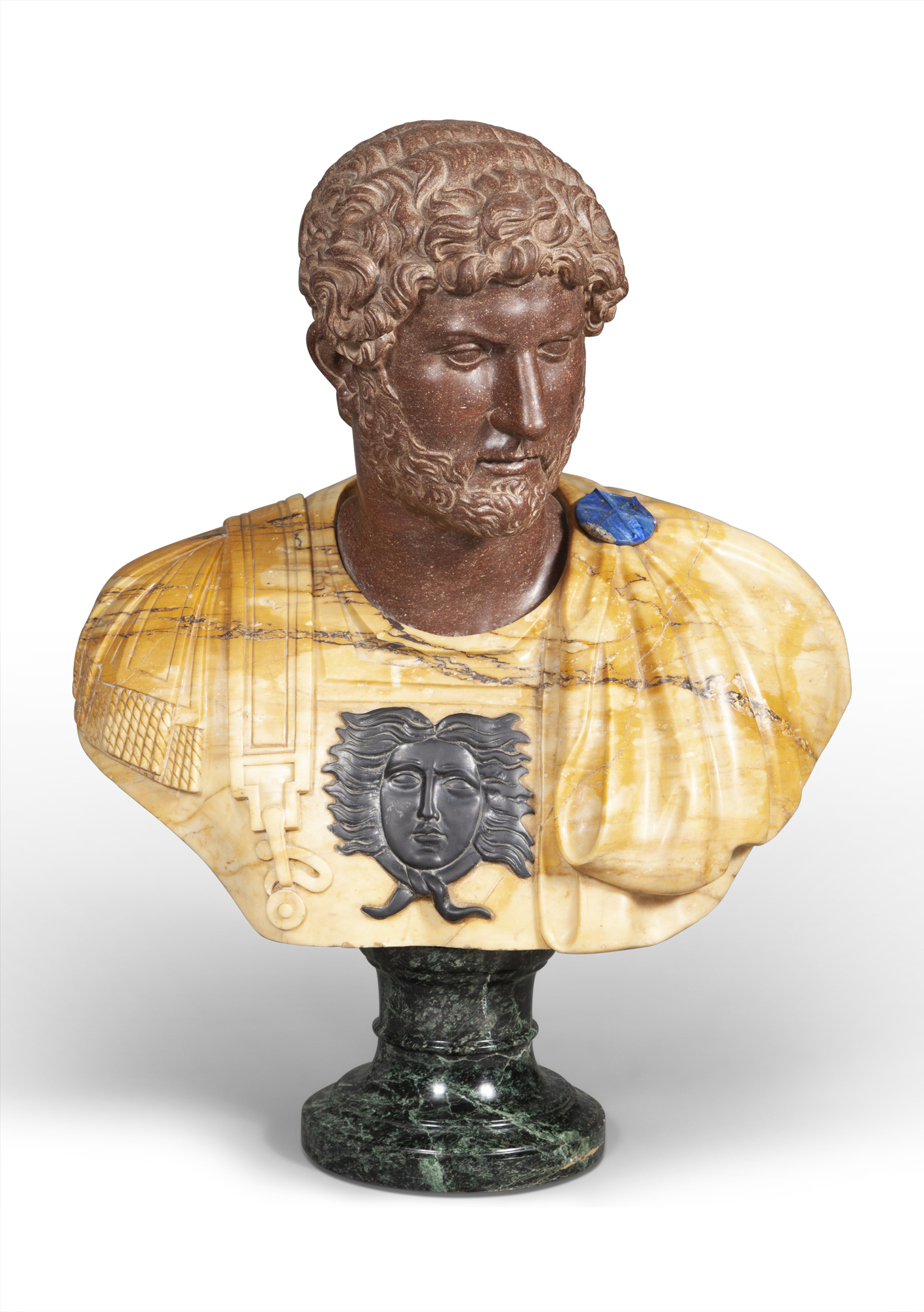 Lot image - Neoclassical Style Variegated Marble Bust of a Roman