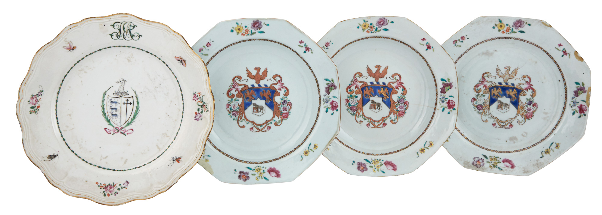 Lot image - Pair of Chinese Export Armorial Porcelain Octagonal Deep Plates