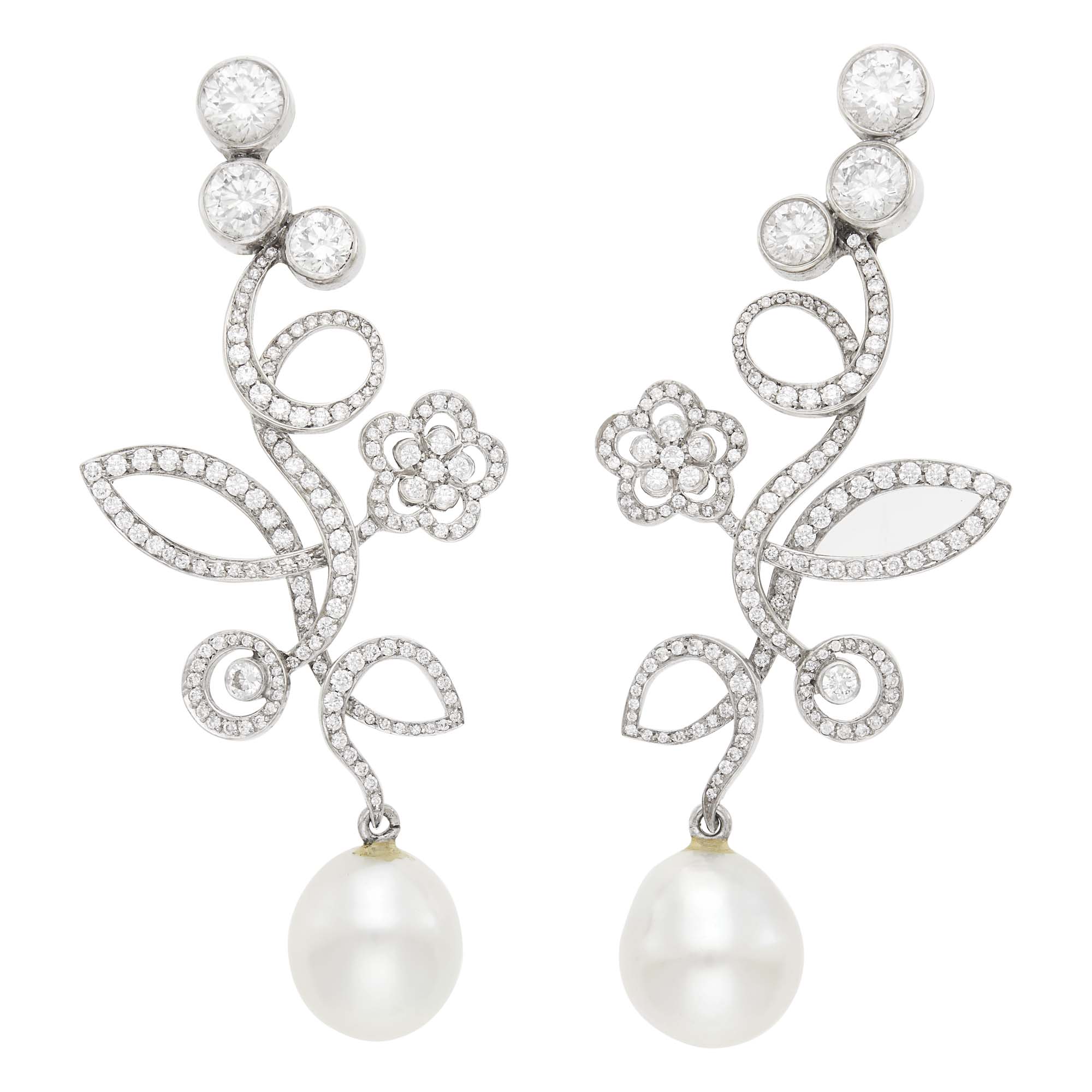 Lot image - Pair of White Gold, Diamond and South Sea Cultured Pearl Pendant-Earclips