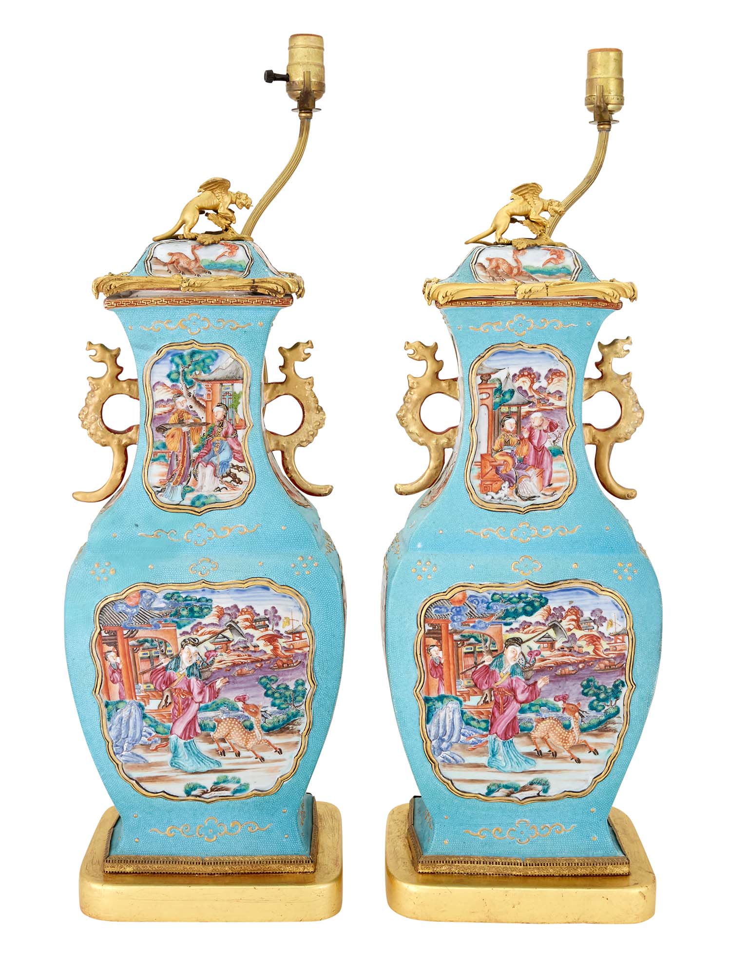 Lot image - Pair of Chinese Export Porcelain Famille Rose Mandarin Ground Covered Urns with Gilt-Bronze Mounts