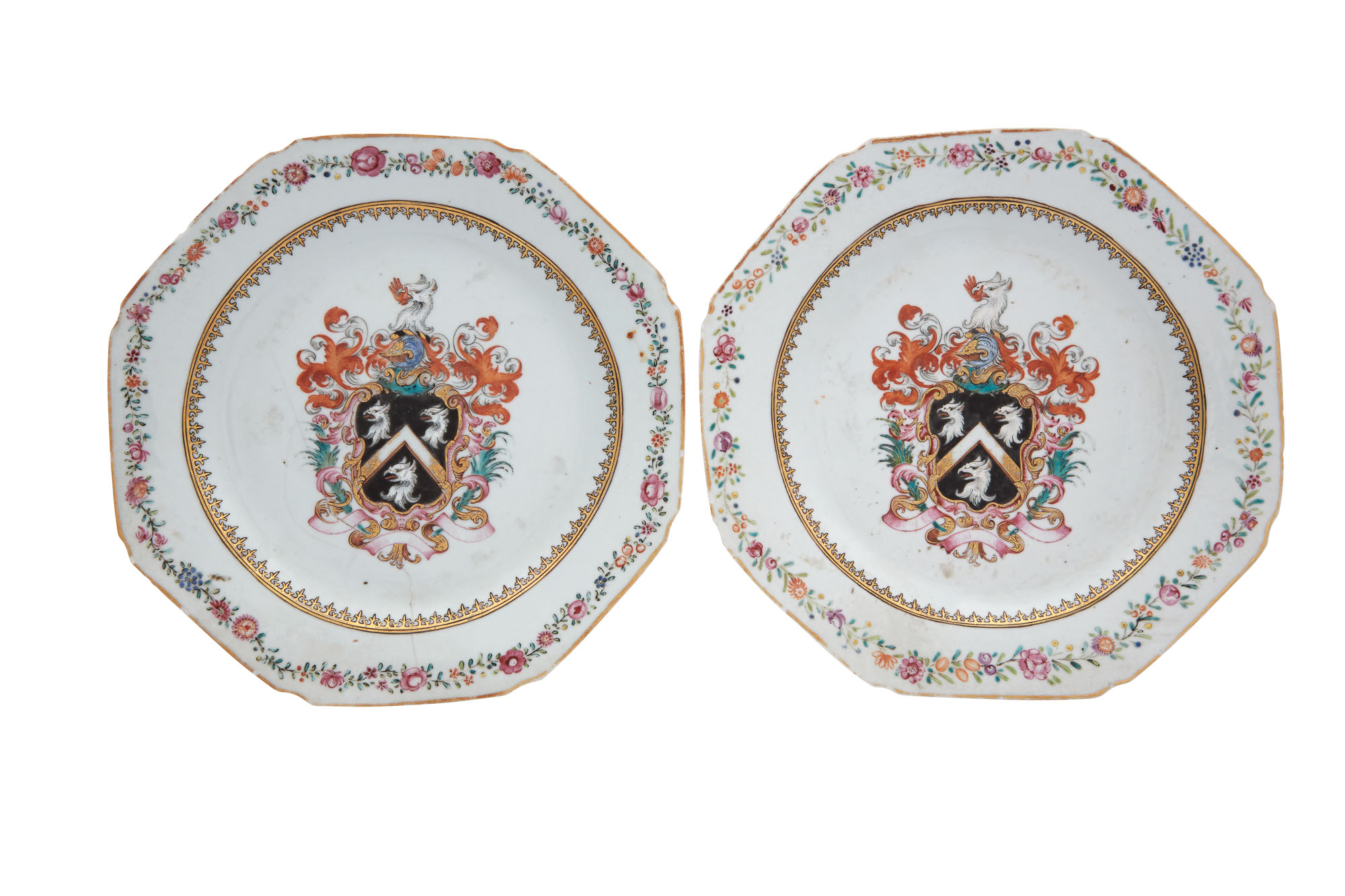 Lot image - Pair of Chinese Export Armorial Porcelain Octagonal Plates