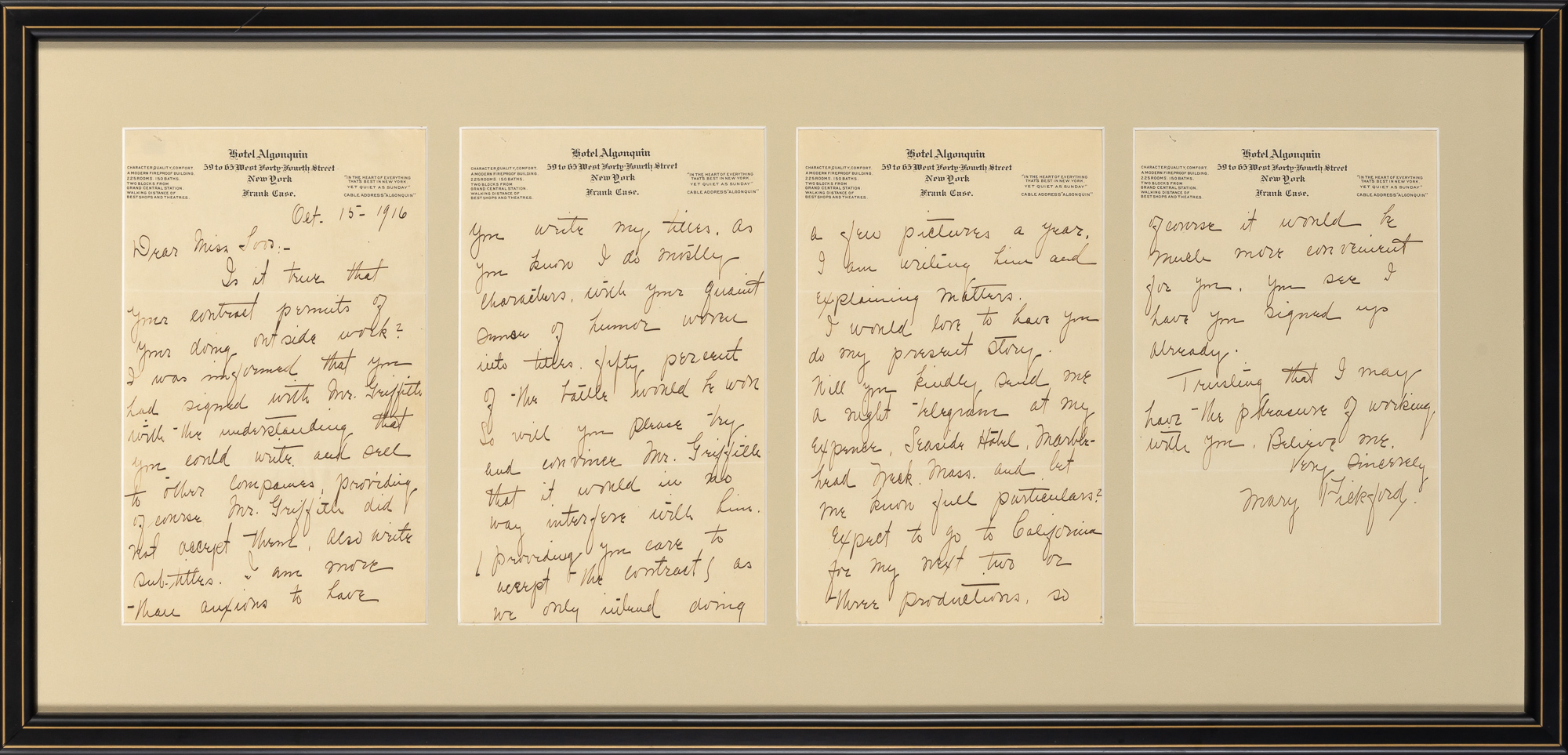 Lot image - Mary Pickford  A fine autograph letter signed to Anita Loos.