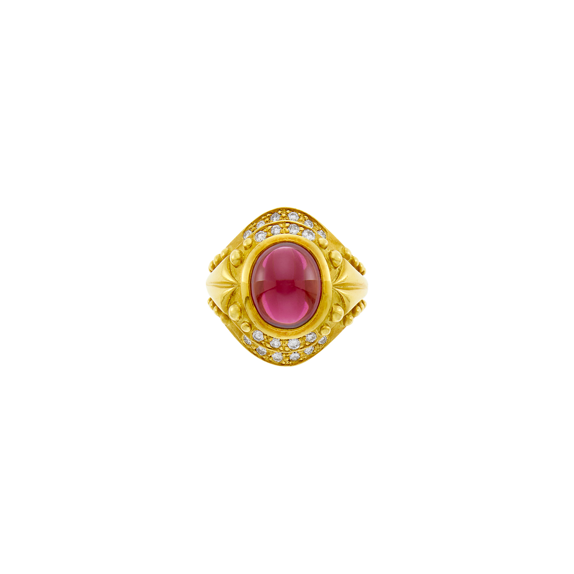 Lot image - Gold, Cabochon Rubellite and Diamond Ring
