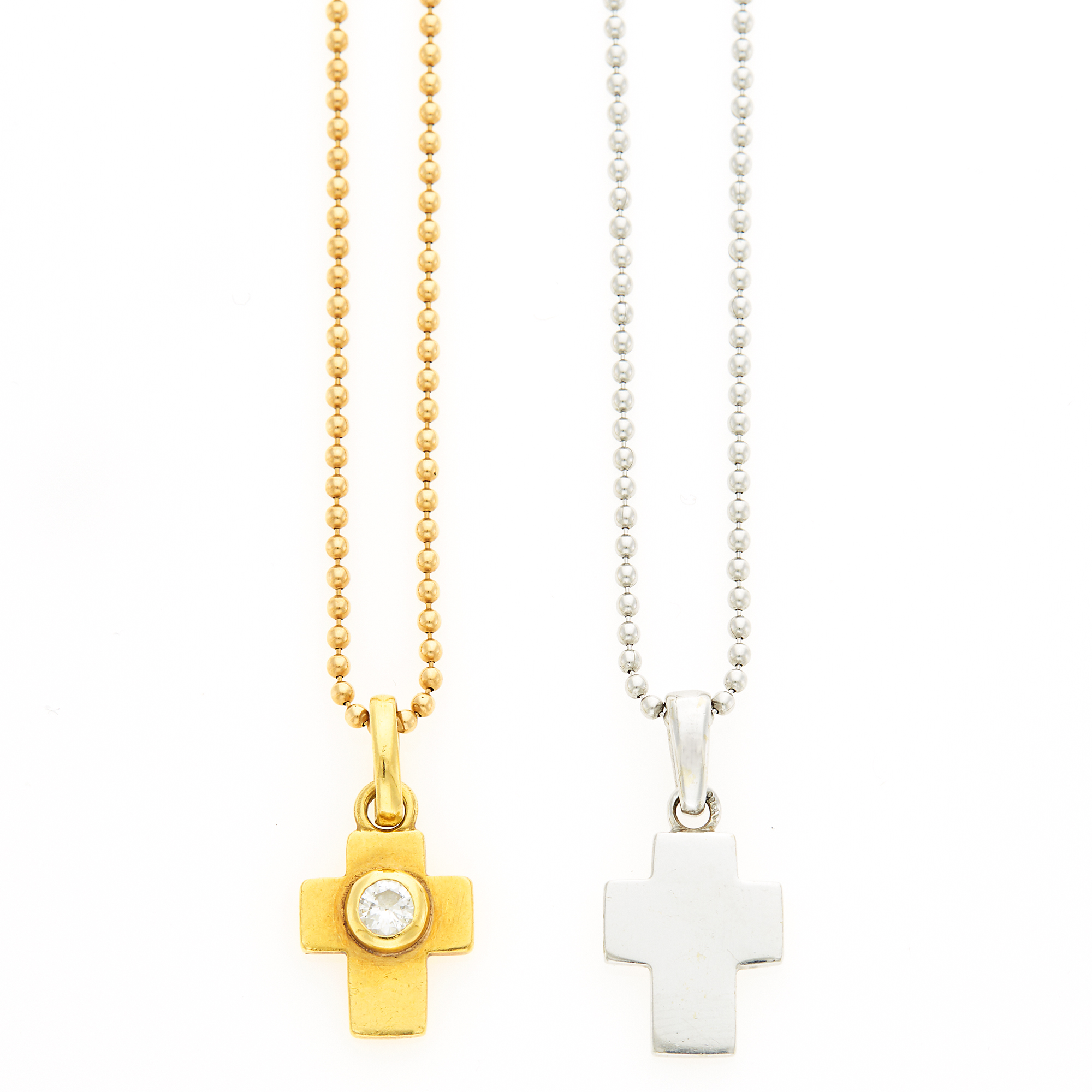 Lot image - Gold and Diamond Cross Pendant and White Gold Cross Pendant with Chain Necklaces