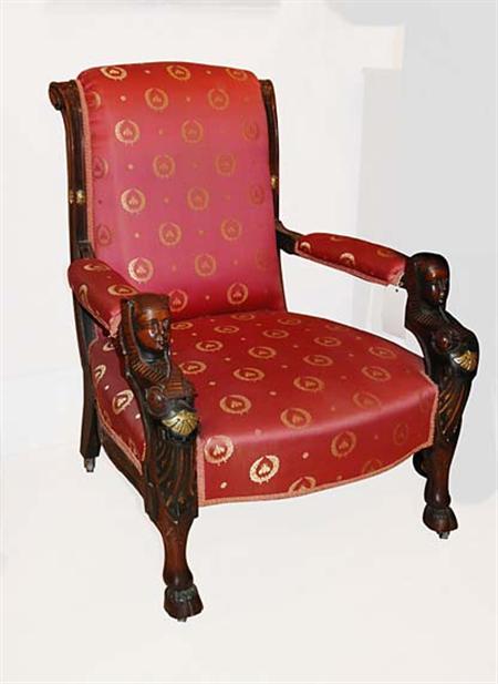 Lot image - Egyptian Revival Part Ebonized Rosewood Upholstered Armchair
