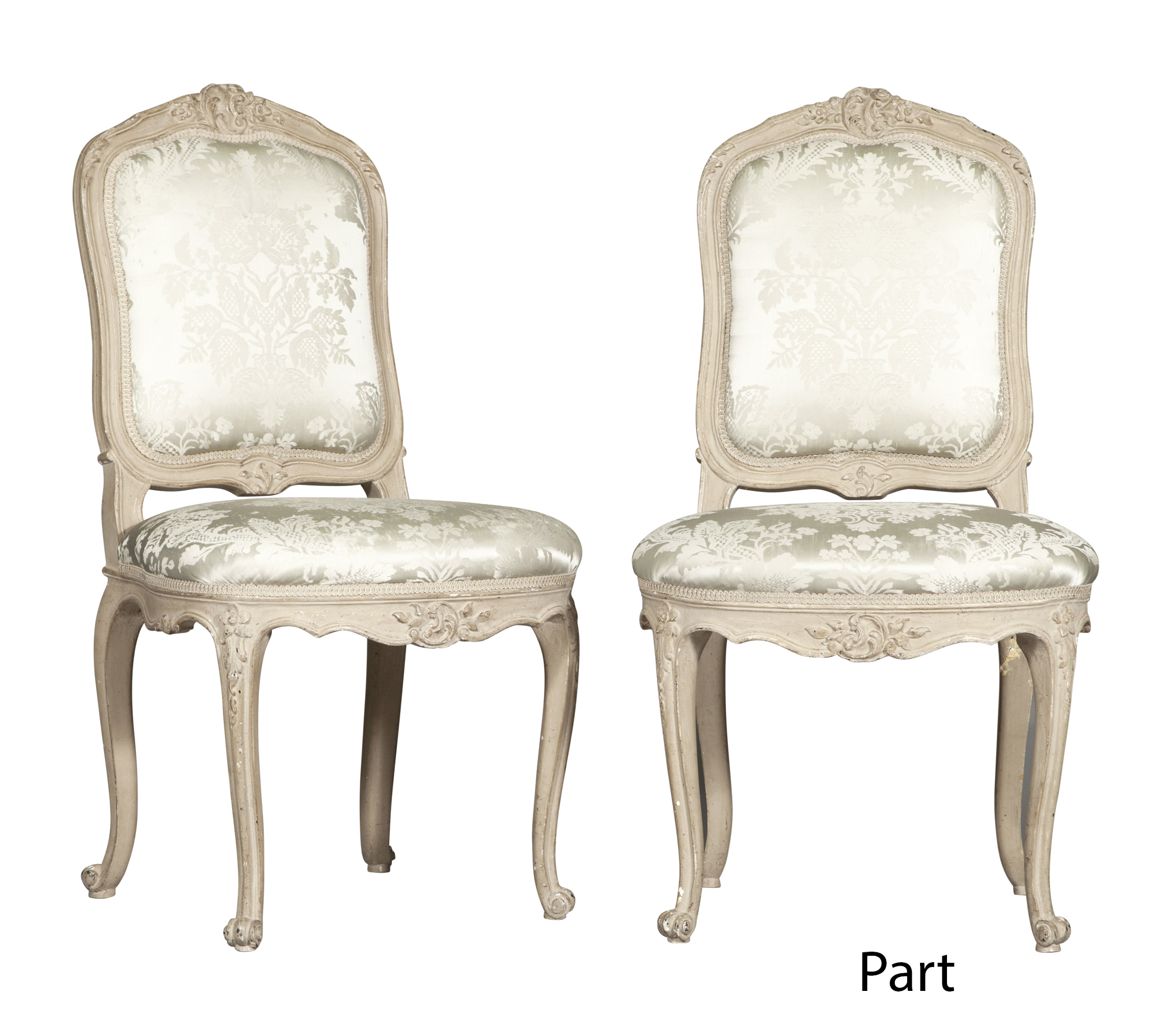 Lot image - Set of Six Louis XVI Style Upholstered Carved Painted Wood Side Chairs