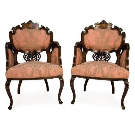 Lot image - Pair of Edwardian Marquetry and String Inlaid Mahogany Armchairs