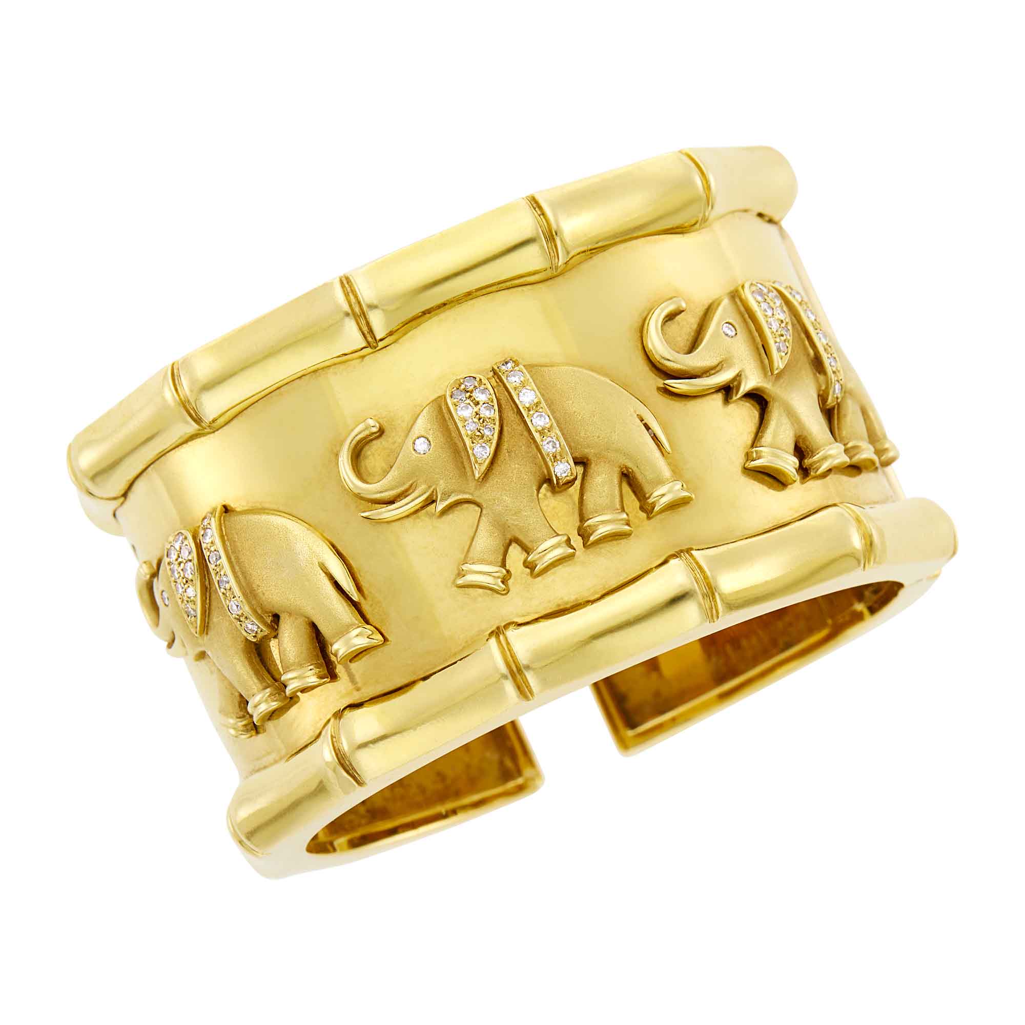 Lot image - Gold and Diamond Elephant Cuff Bangle Bracelet