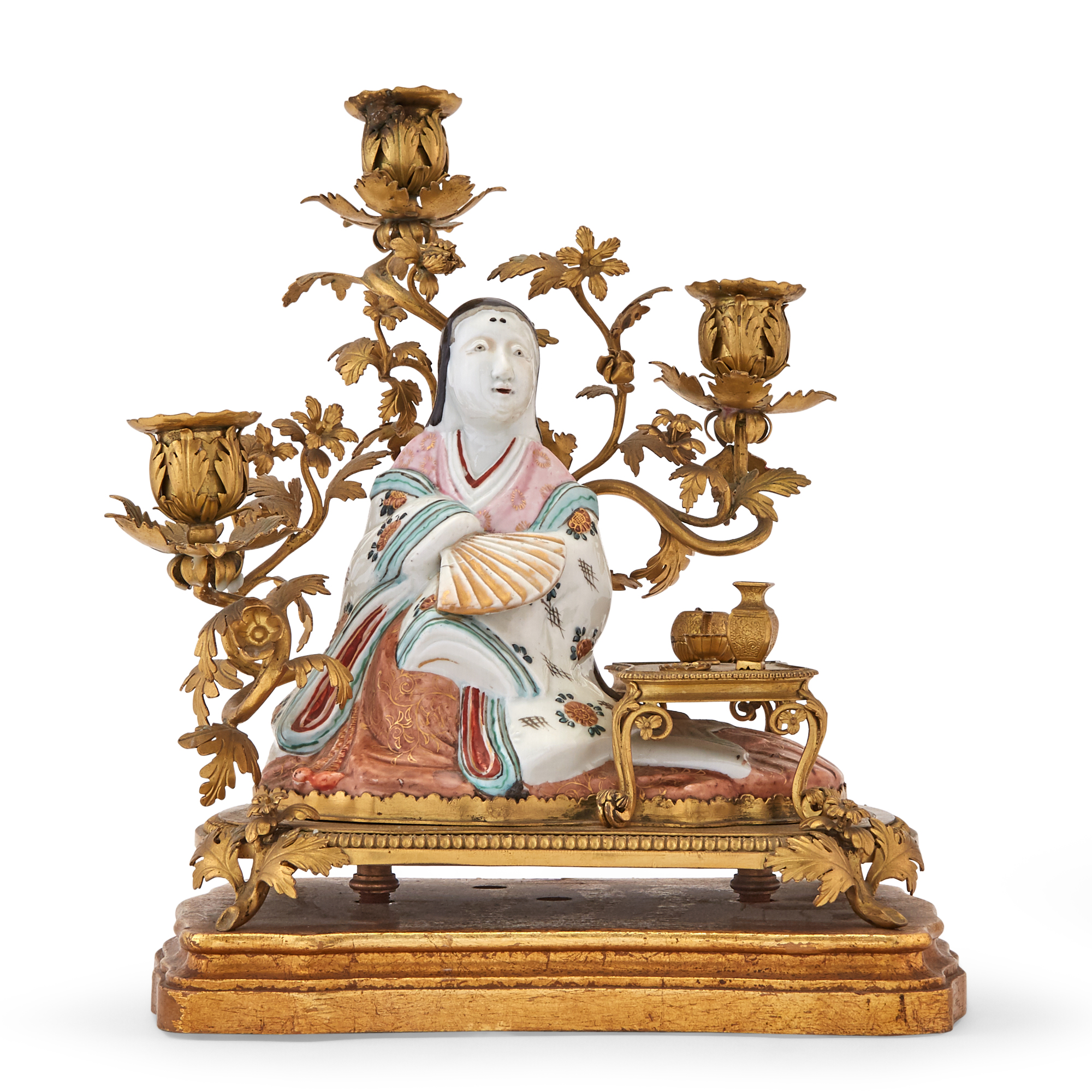 Lot image - Continental Gilt-Bronze and Japanese Arita Porcelain Candelabrum