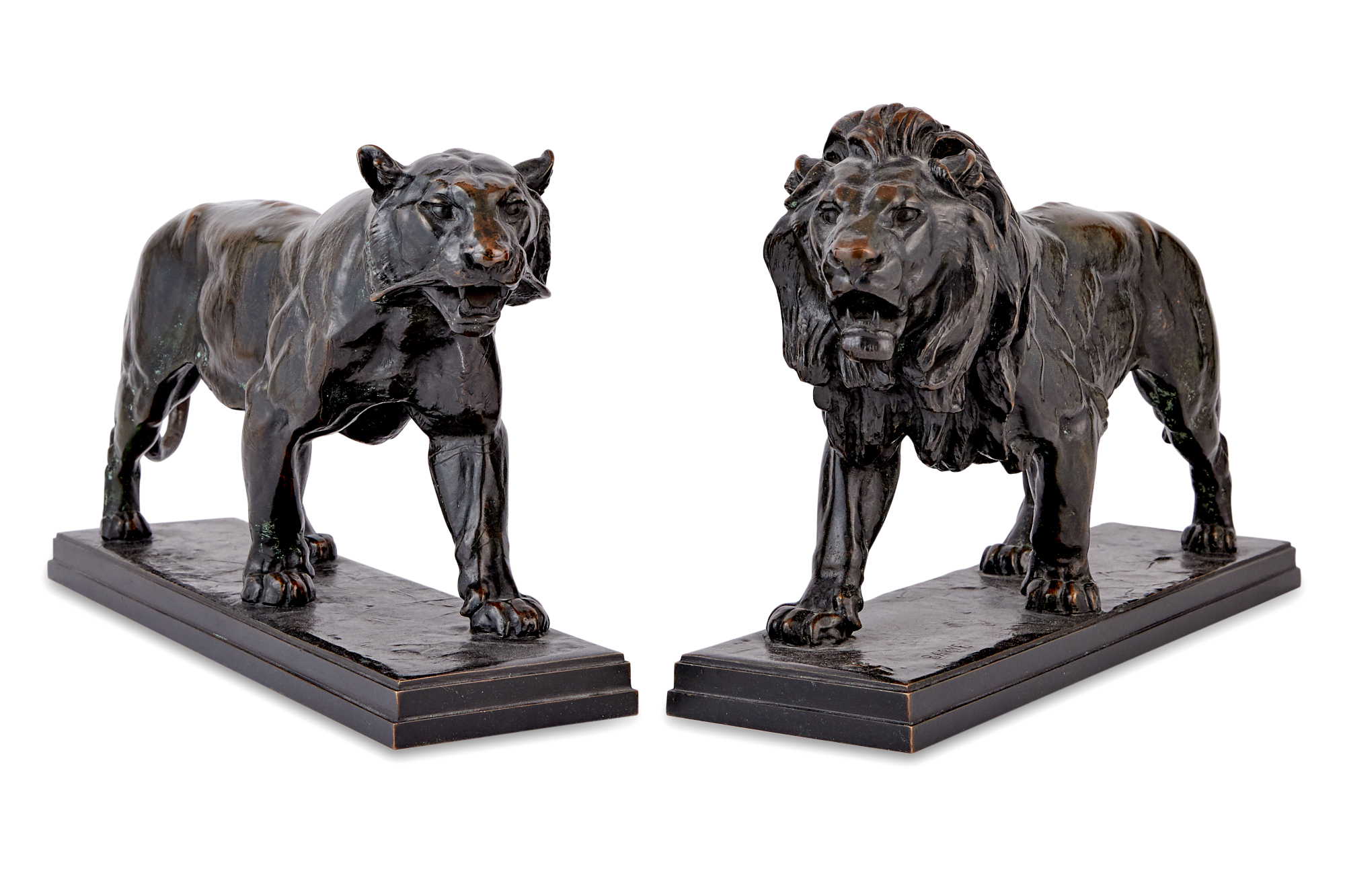Lot image - Antoine Louis Barye Bronze Figures of Walking Lion and Walking Tiger