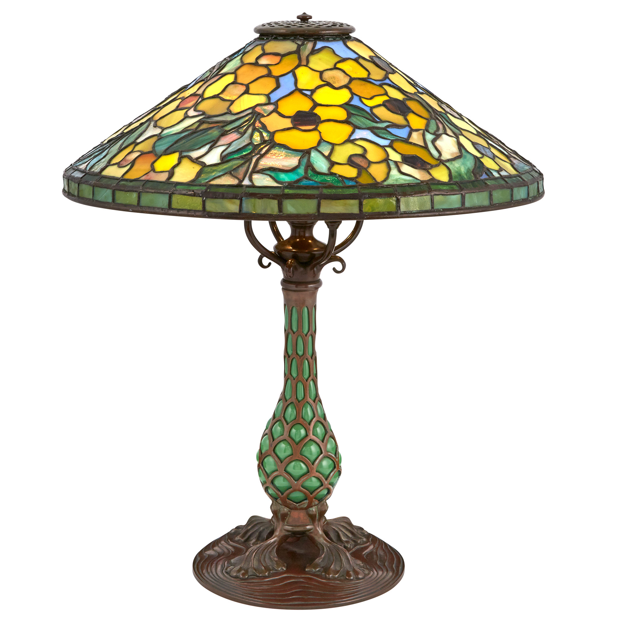 Lot image - Tiffany Studios Reticulated Bronze and Leaded Glass Alamander Lamp