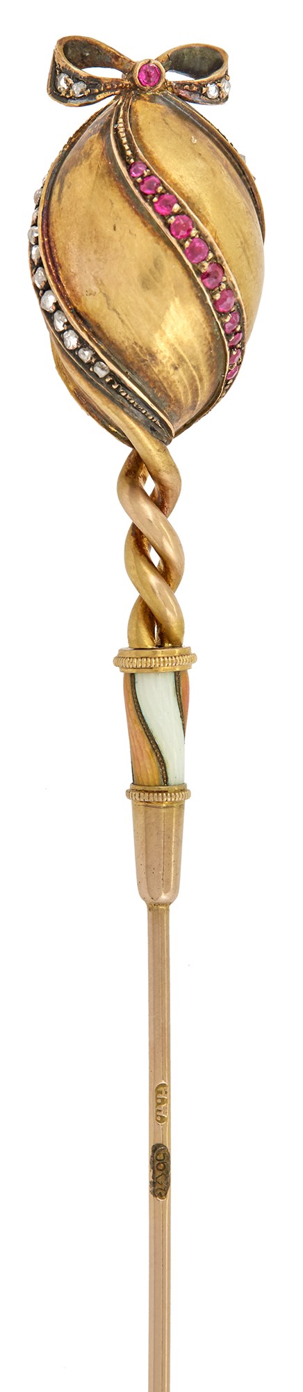 Lot image - Imperial Fabergé Jeweled Two-Color Gold and Guilloché Enamel Hat Pin