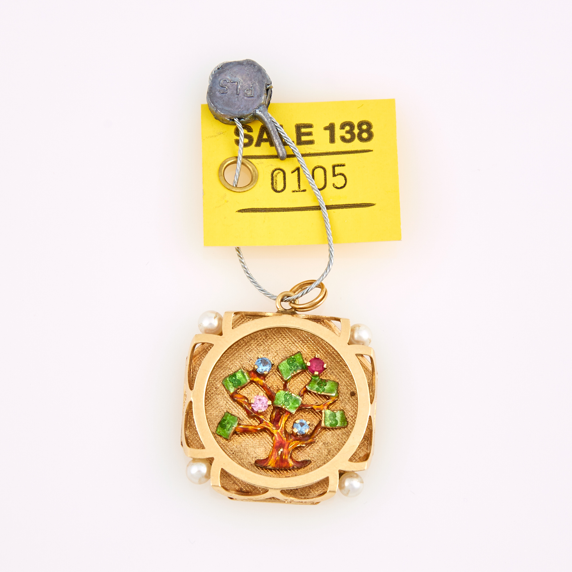 Lot image - Gold, Enamel, Bead and Stone Pendant, 14K 6 dwt. all