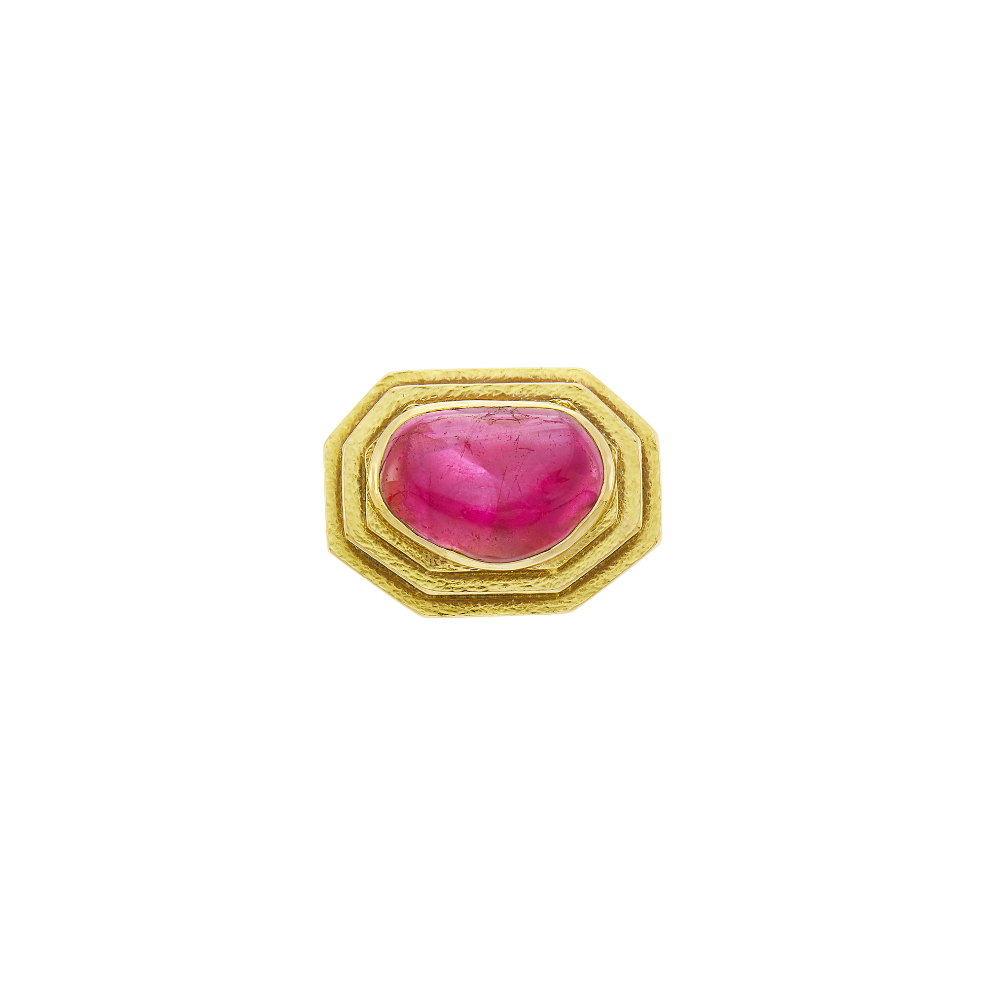 Lot image - David Webb Hammered Gold and Cabochon Ruby Ring