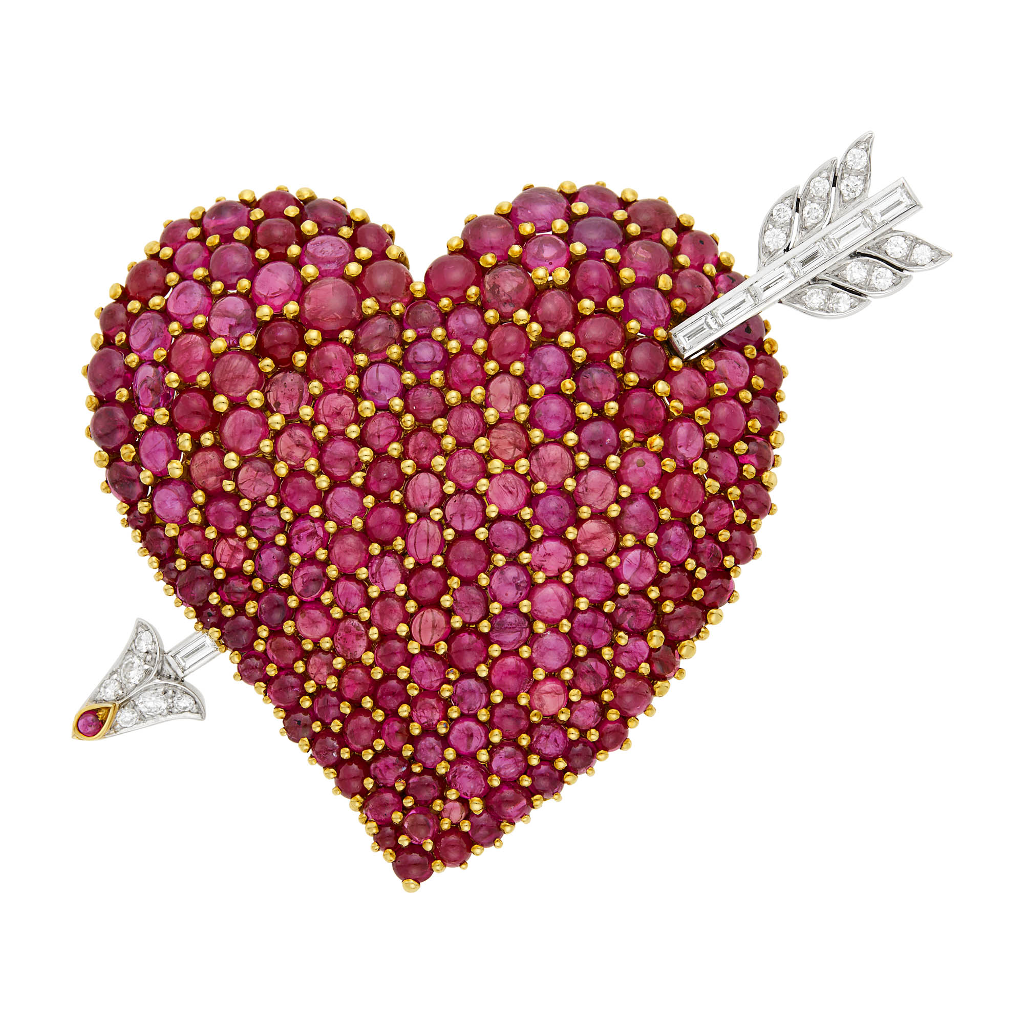 Lot image - Two-Color Gold, Cabochon Ruby and Diamond Heart and Arrow Clip-Brooch