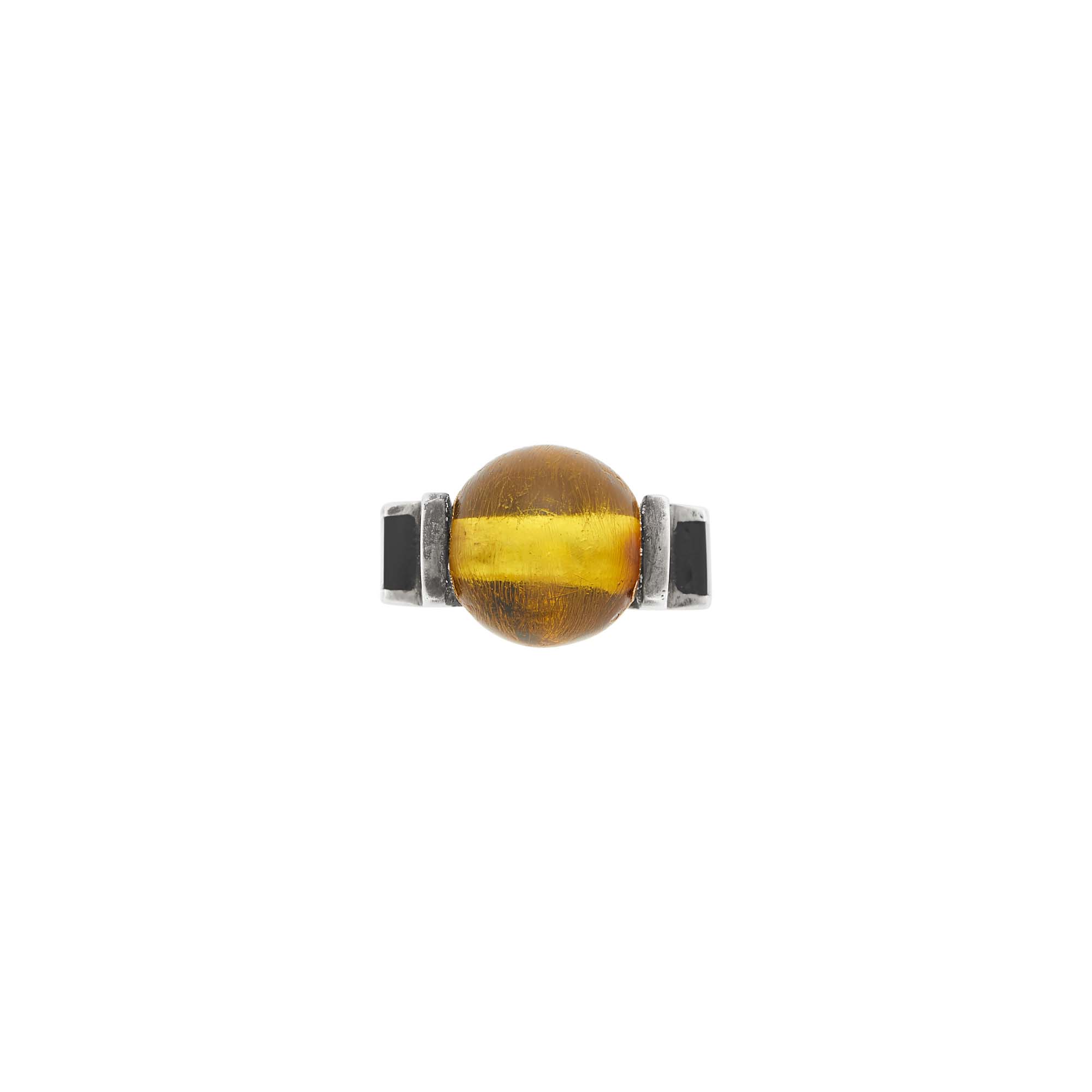 Lot image - Jean Després Silver, Amber Bead and Black Enamel Ring