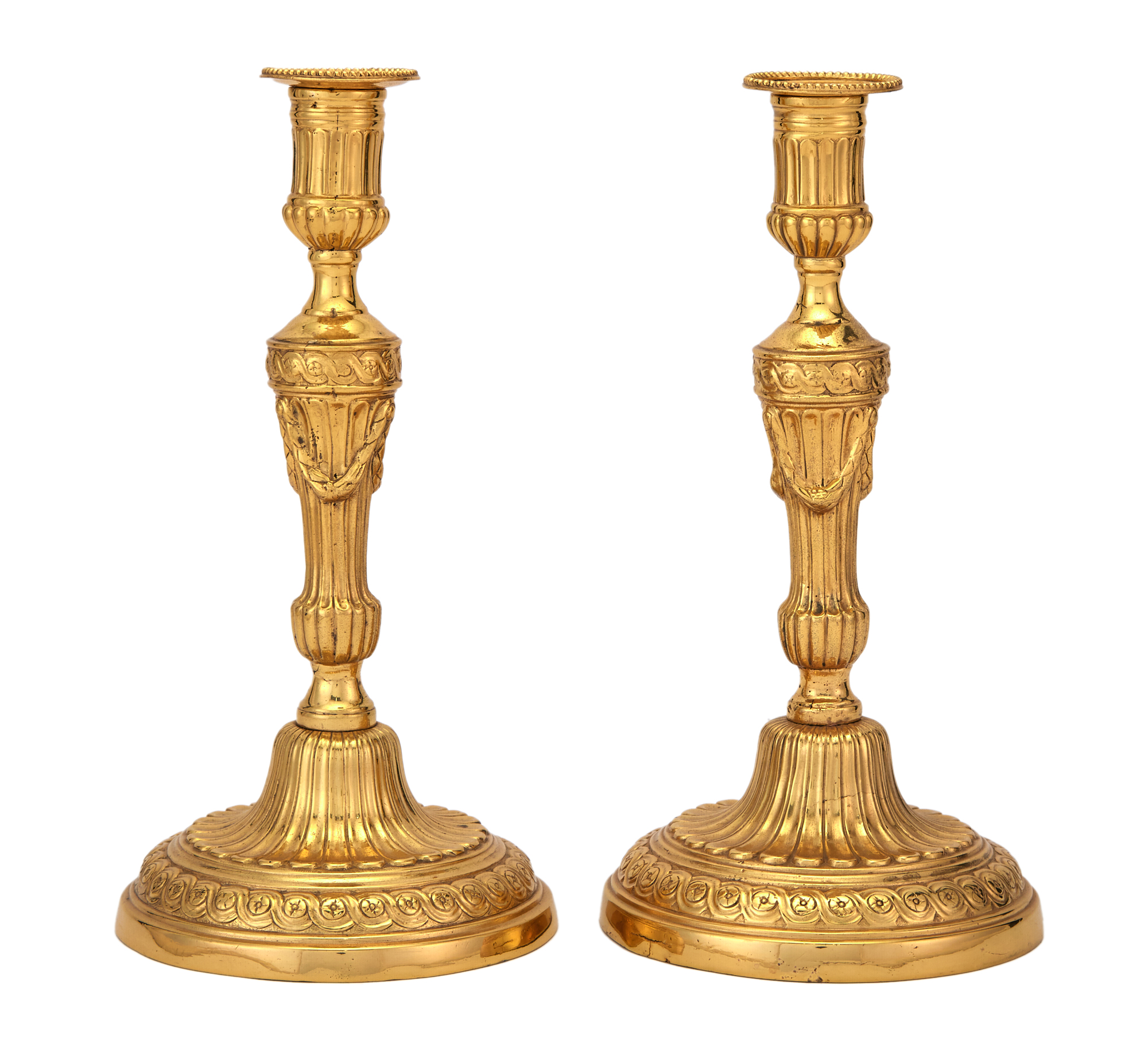 Lot image - Pair of Louis XVI Style Gilt-Bronze Candlesticks