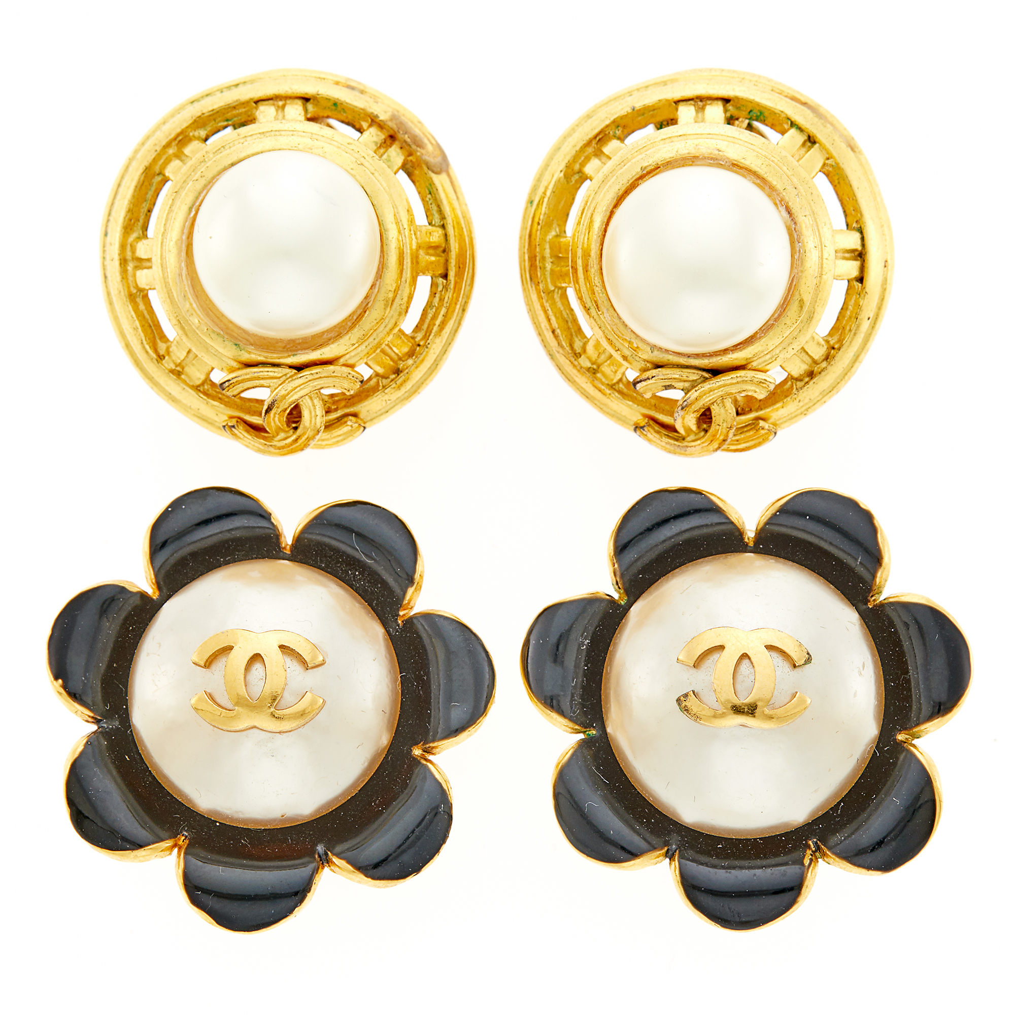 Lot image - Chanel Two Pairs of Gilt-Metal, Imitation Pearl and Black Enamel Earclips
