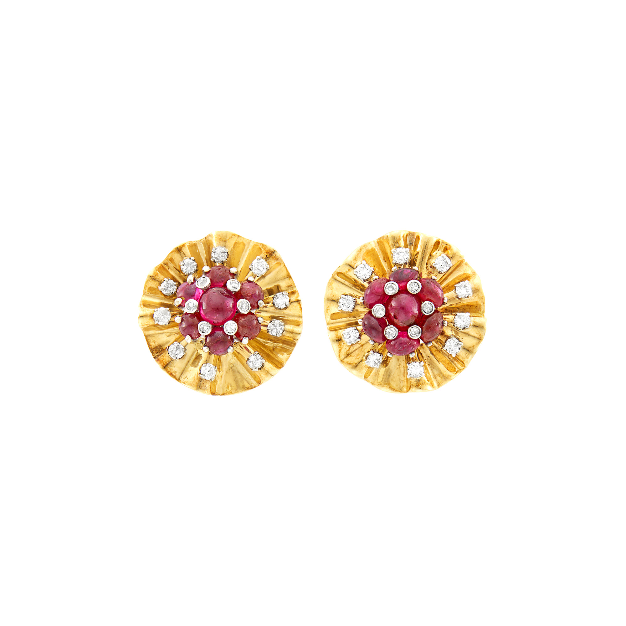 Lot image - Trabert & Hoeffer, Mauboussin Pair of Gold, Cabochon Ruby and Diamond Earclips