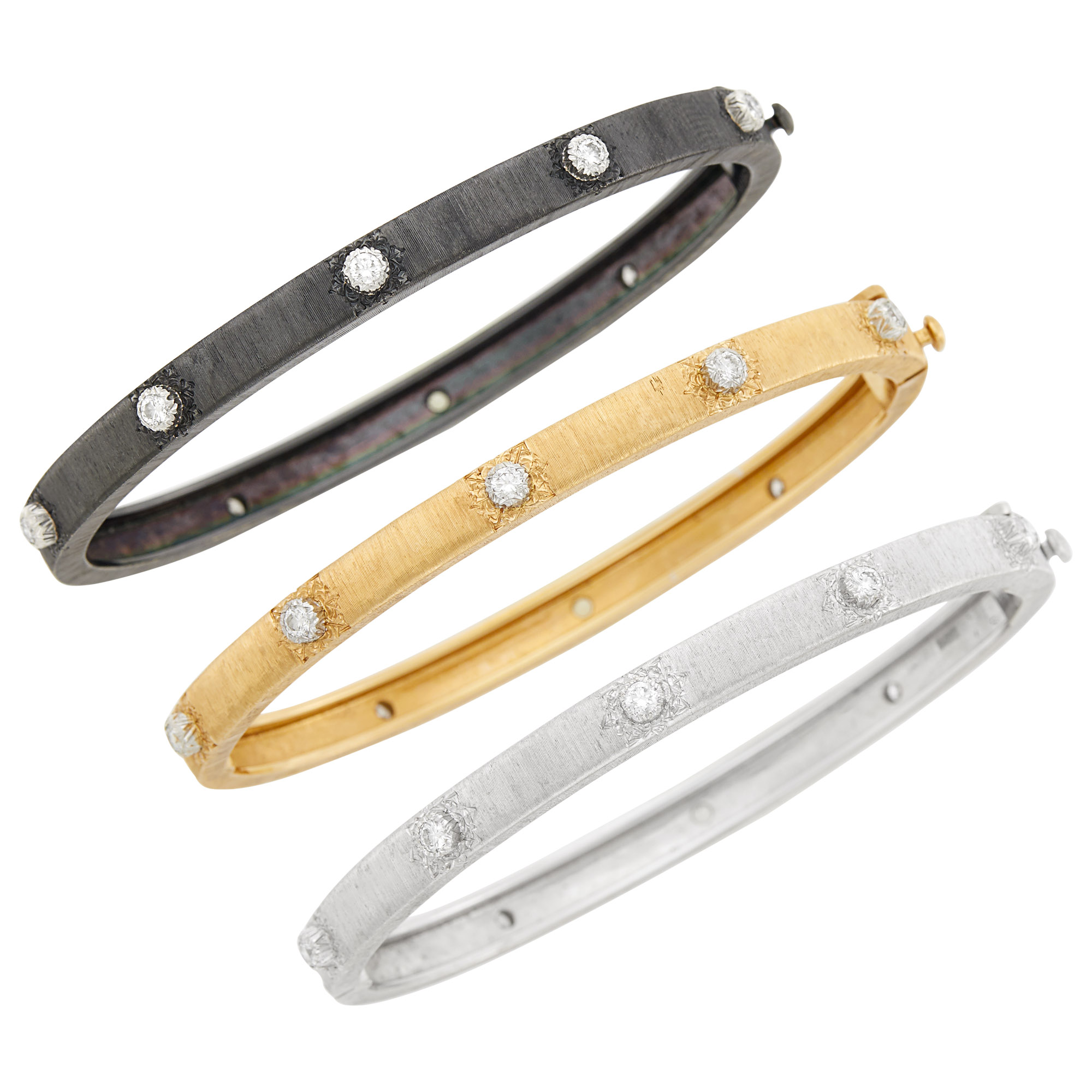 Lot image - Buccellati Three Rose, White and Blackened Gold and Diamond Bangle Bracelets