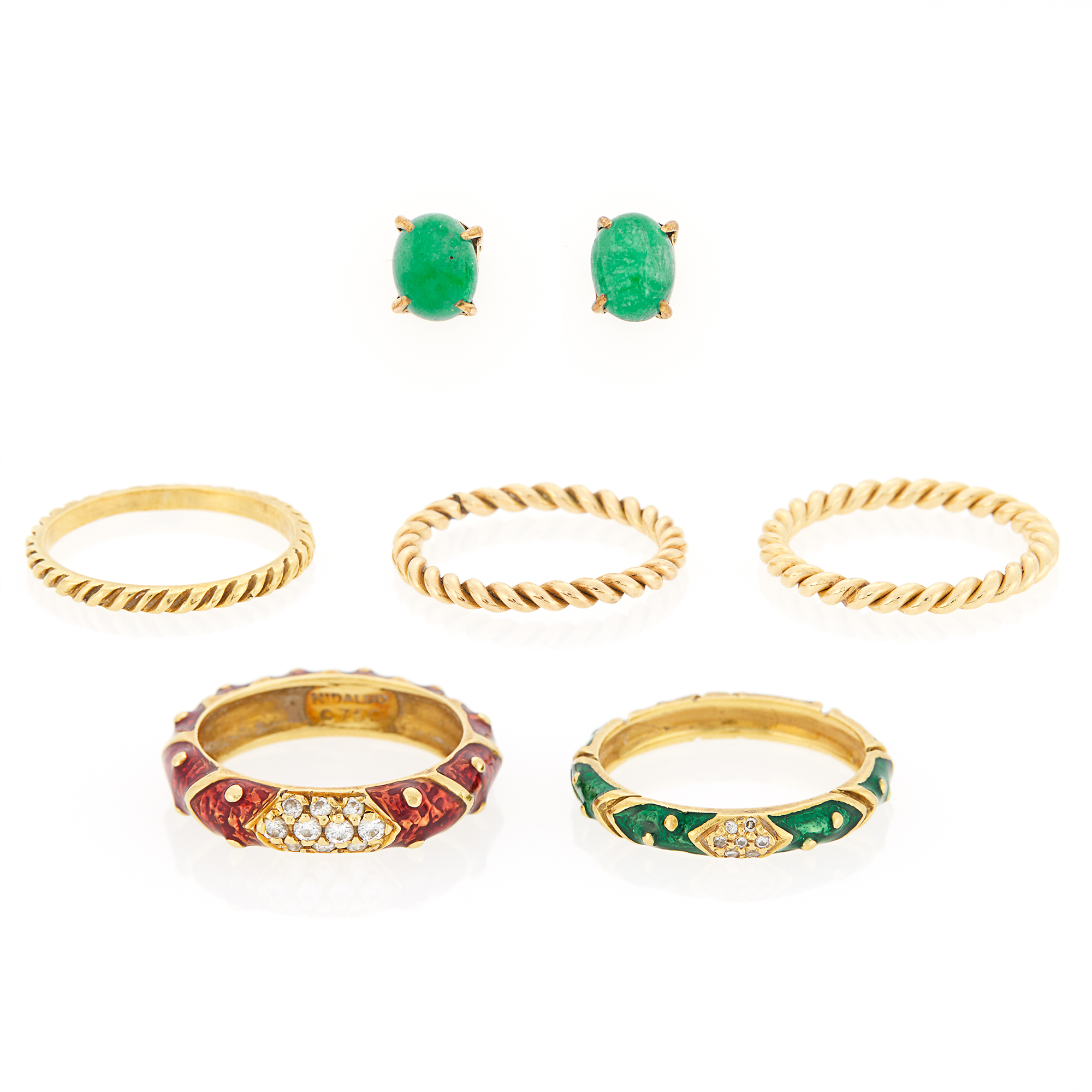 Lot image - Three Gold Band Rings, Two Enamel Rings and Pair of Gilt-Metal and Cabochon Emerald Earrings