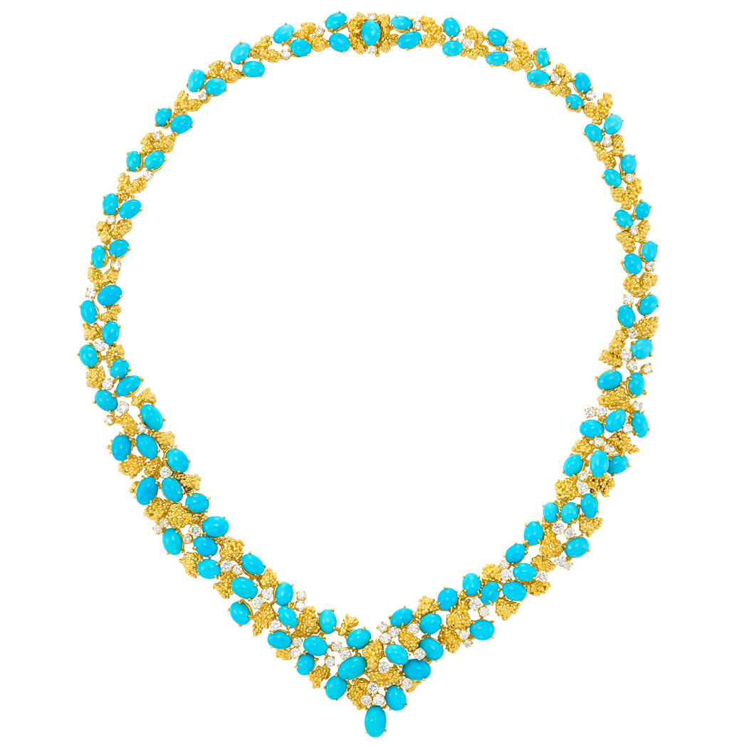 Lot image - Gold-Plated Gold, Turquoise and Diamond Necklace