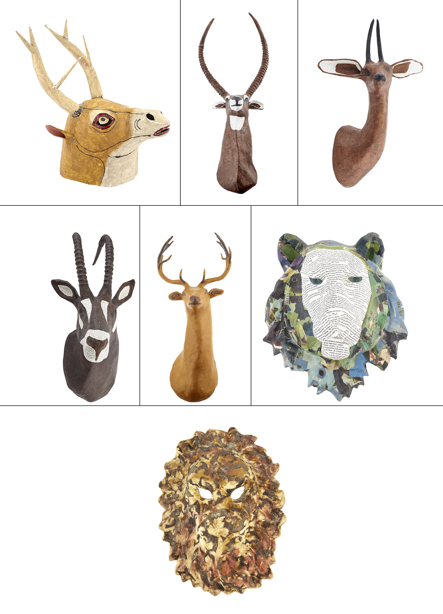 Lot image - Group of Five Papier-Mâché Faux Taxidermy Wild Animal Heads