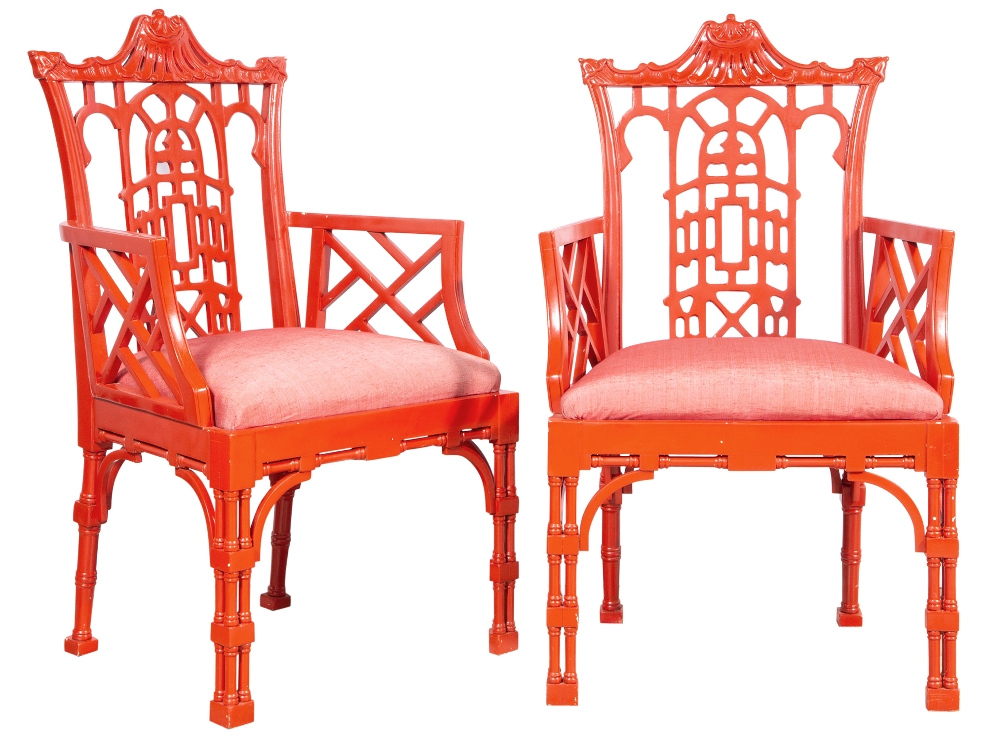 Lot image - Pair of Chinese Chippendale Style Painted Wood Upholstered Armchairs