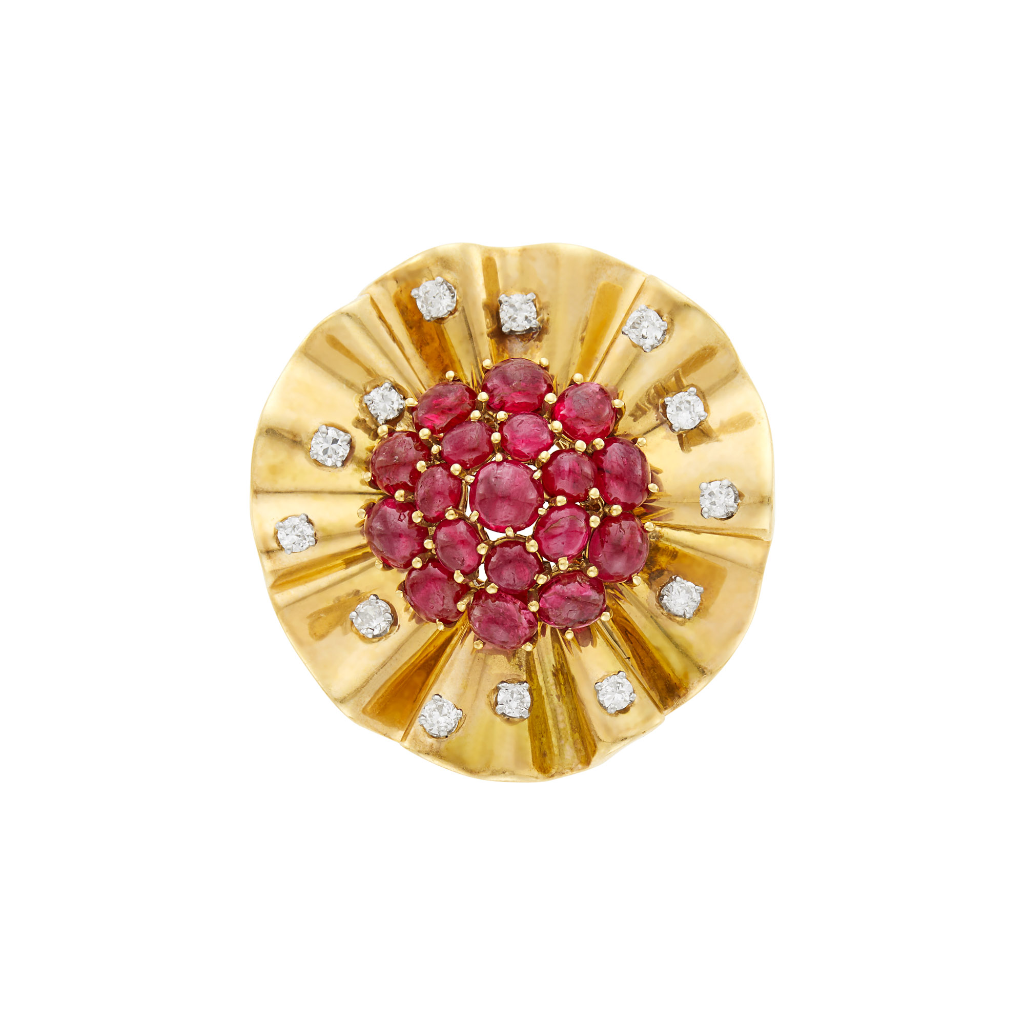 Lot image - Trabert & Hoeffer, Mauboussin Reflection Gold, Platinum, Cabochon Ruby and Diamond Clip-Brooch