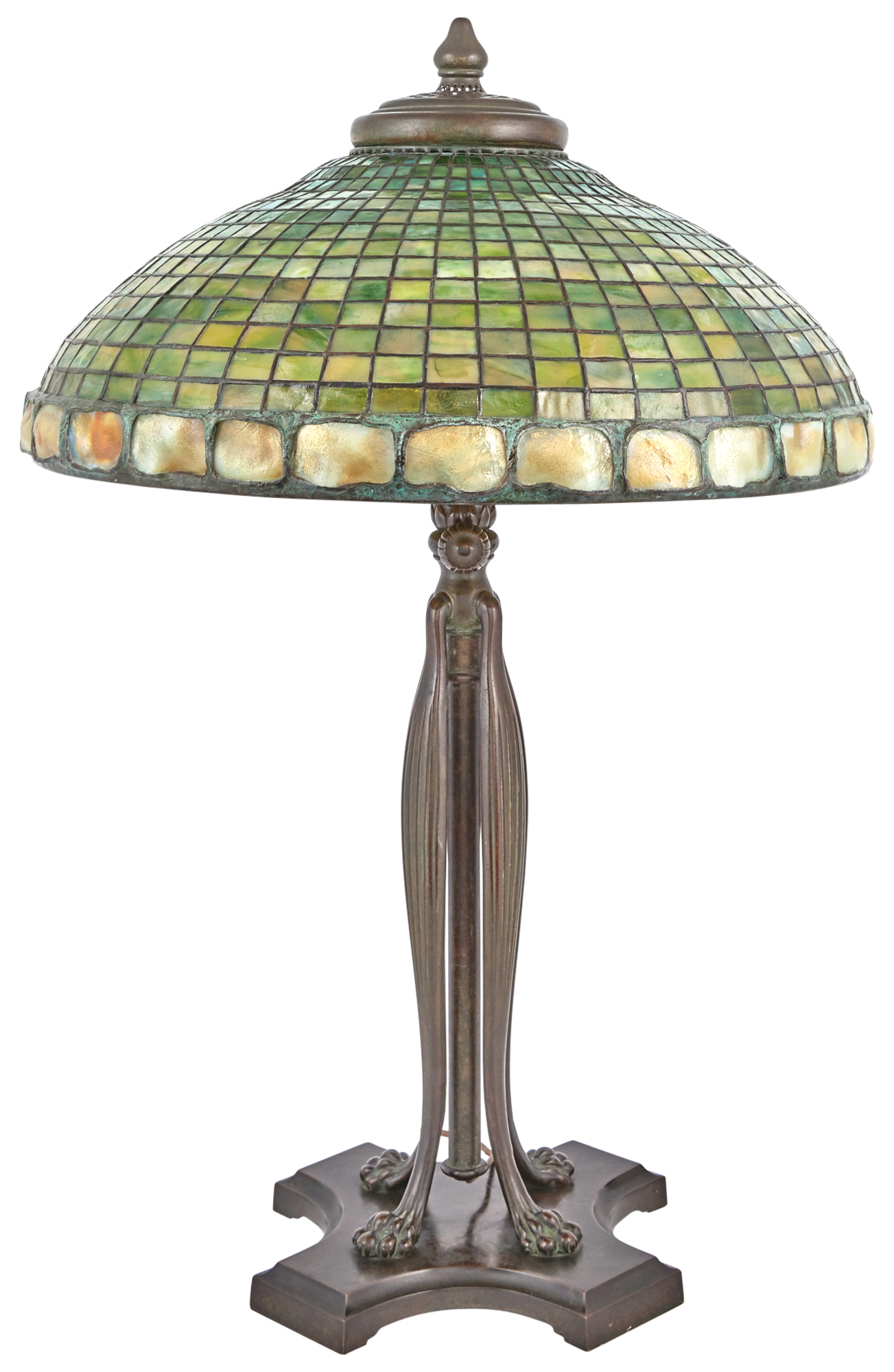 Lot image - Tiffany Studios Bronze and Leaded Favrile Glass Geometric and Turtleback Library Lamp