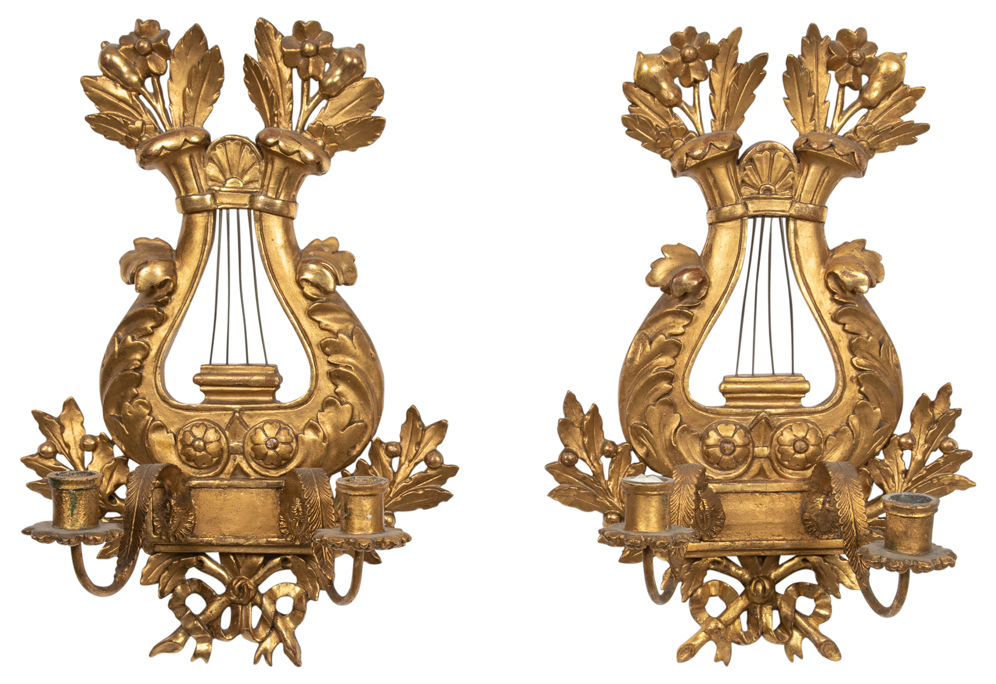 Lot image - Pair of Neoclassical Style Giltwood Two-Light Sconces