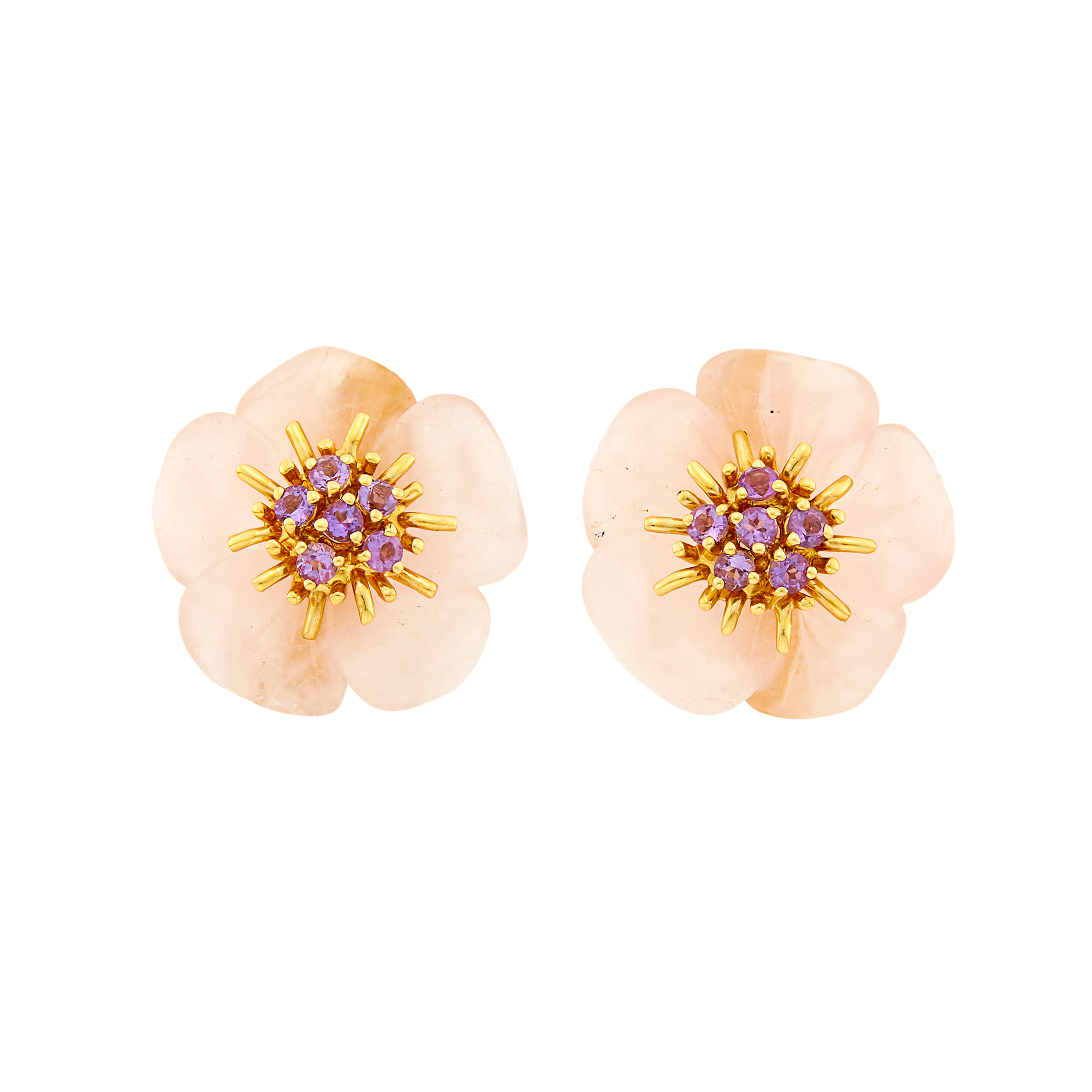 Lot image - Pair of Gold, Carved Rose Quartz and Amethyst Flower Earclips
