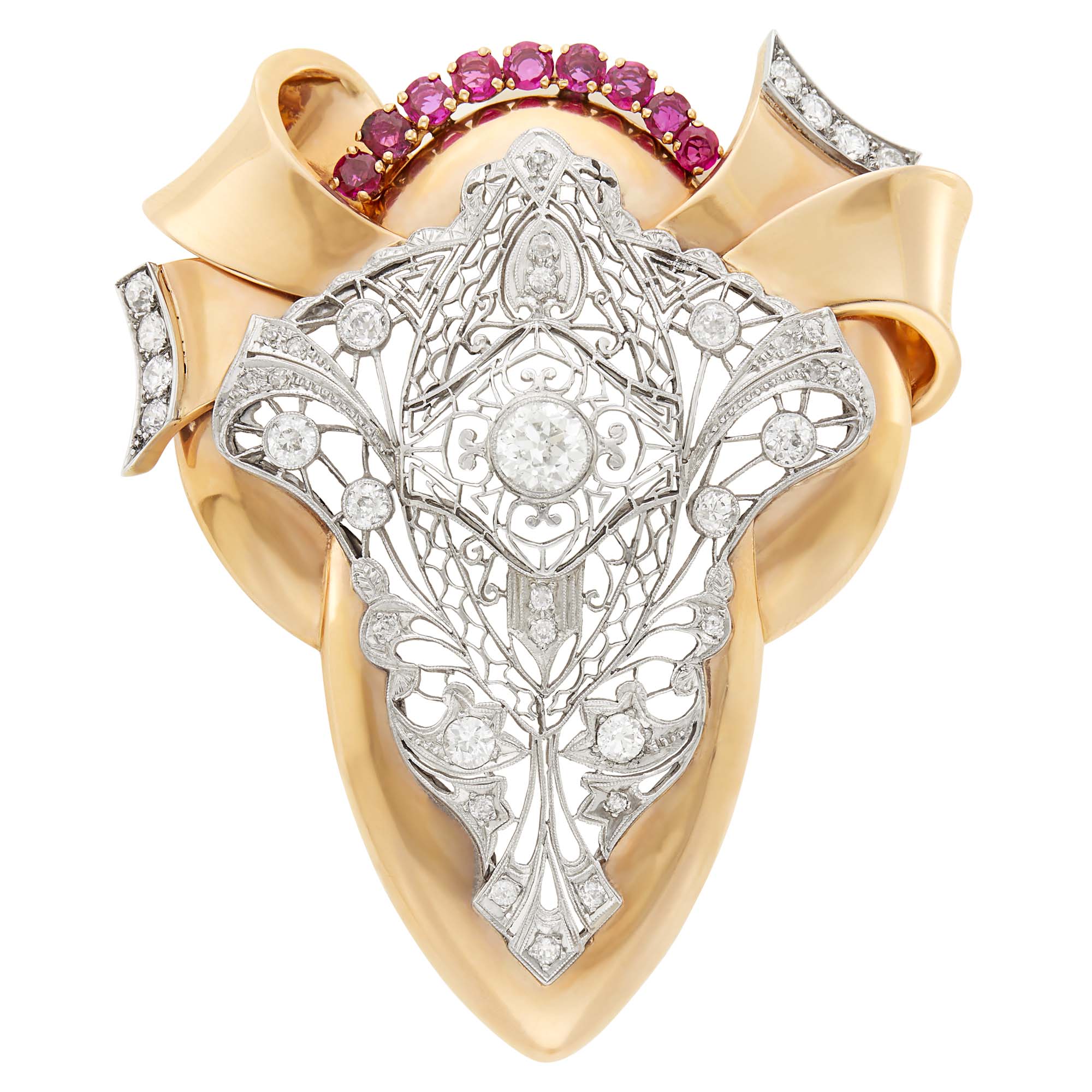 Lot image - Rose Gold, Platinum, Diamond and Ruby Pendant-Brooch