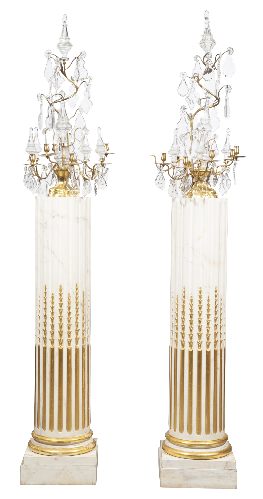 Lot image - Pair of Louis XV Style Gilt-Bronze and Cut Glass Girandoles on Painted and Parcel-Gilt Pedestals