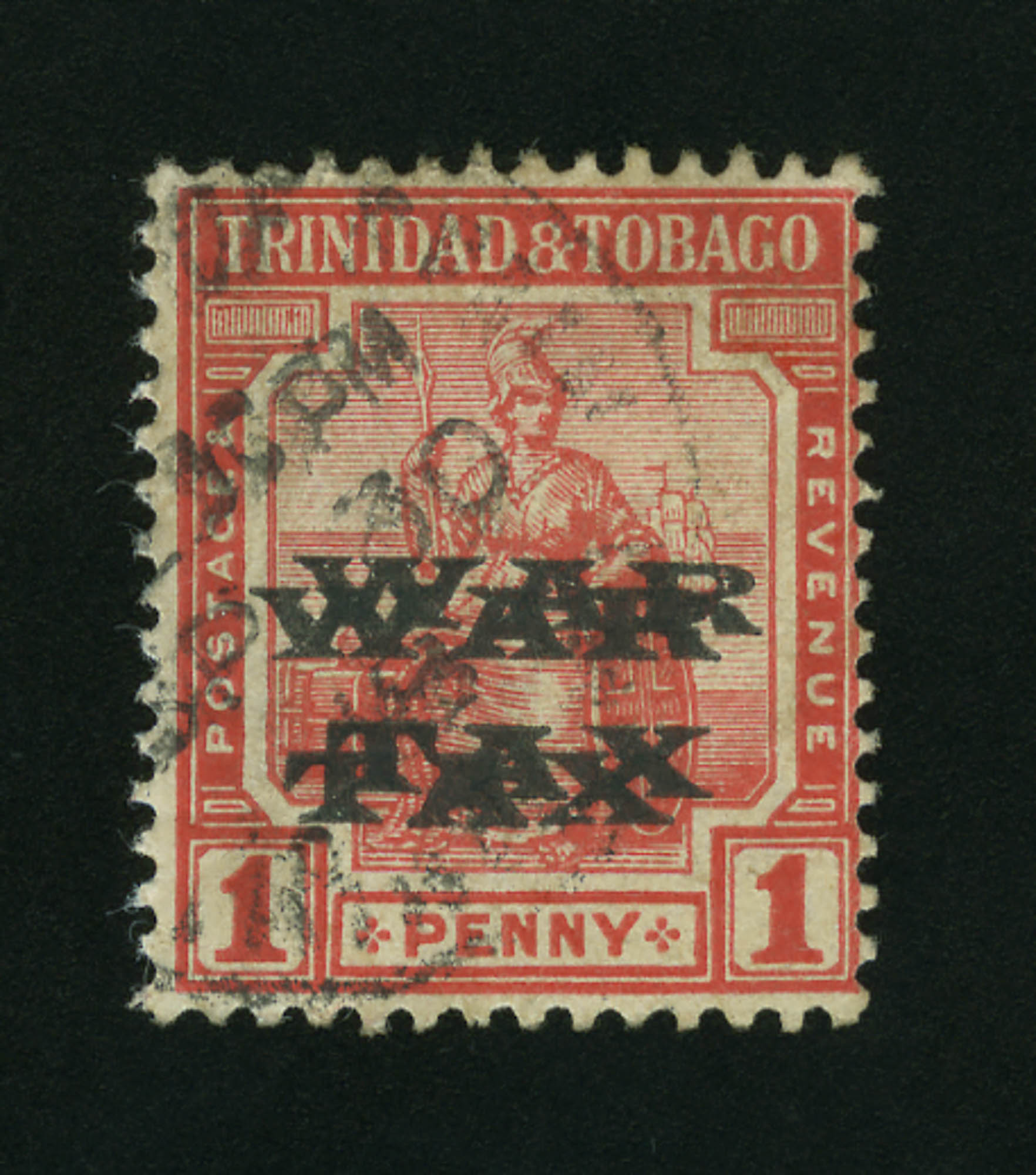 Lot image - Trinidad and Tobago War Tax 1918 1 Penny Double Overprint Scott MR11a