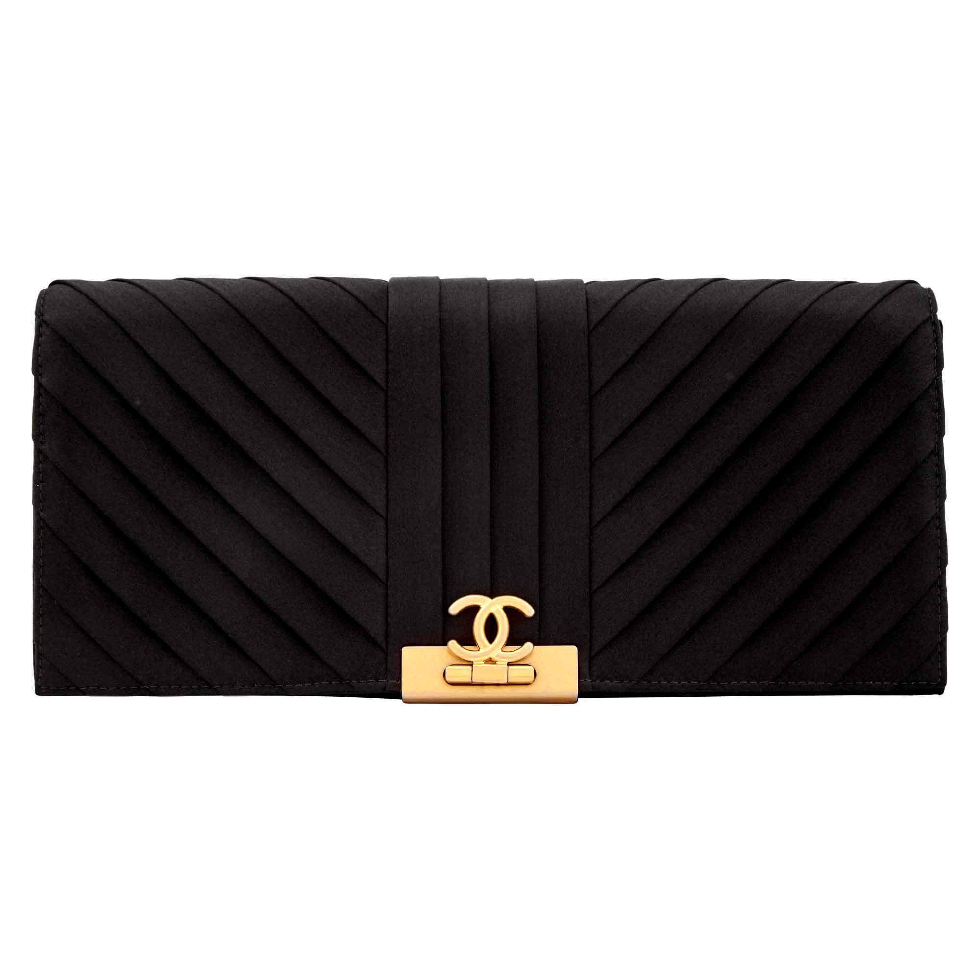 Lot image - Chanel Black Satin Pleated Chevron Flip Lock Clutch