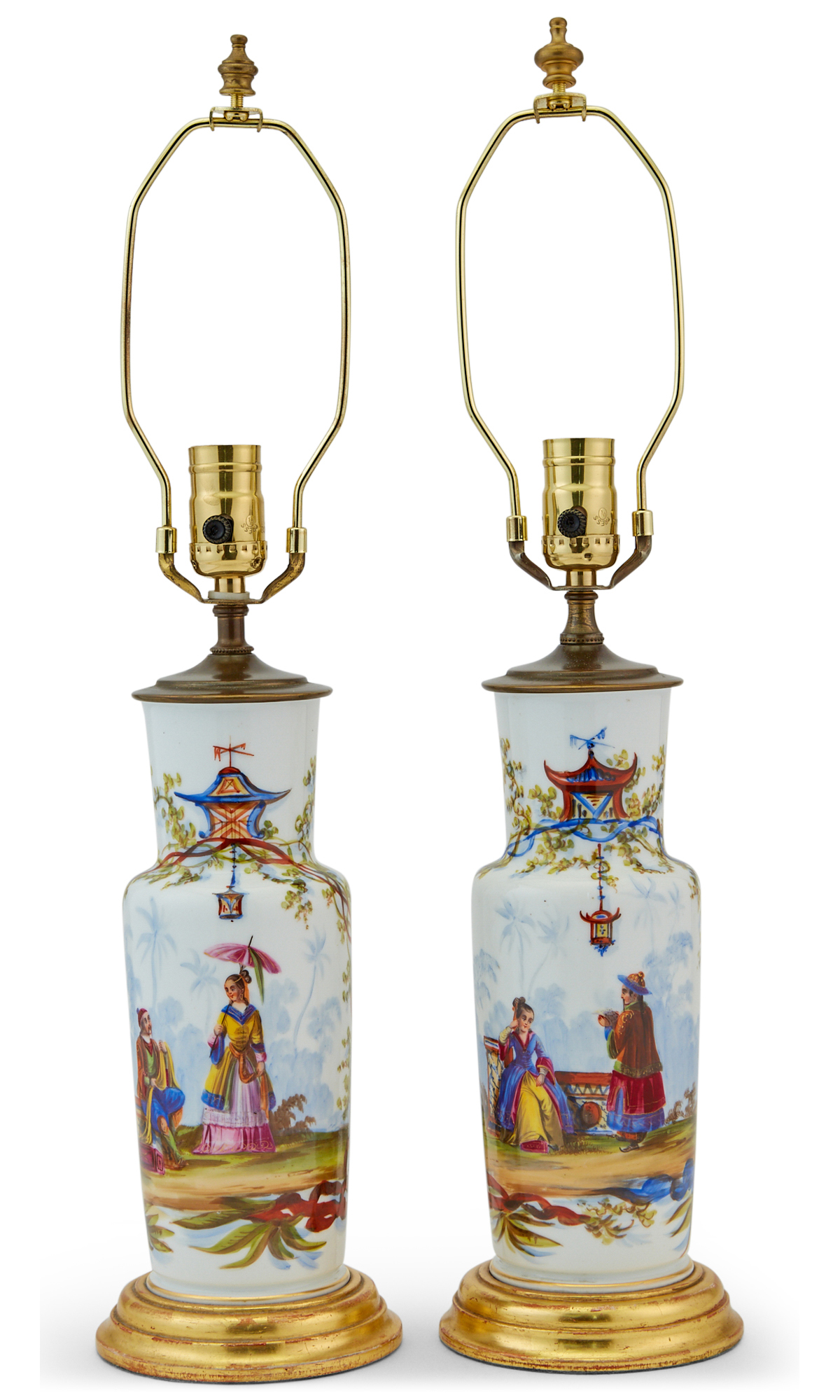 Lot image - Pair of Chinoiserie Decorated Opaline Glass Vases Mounted as Lamps