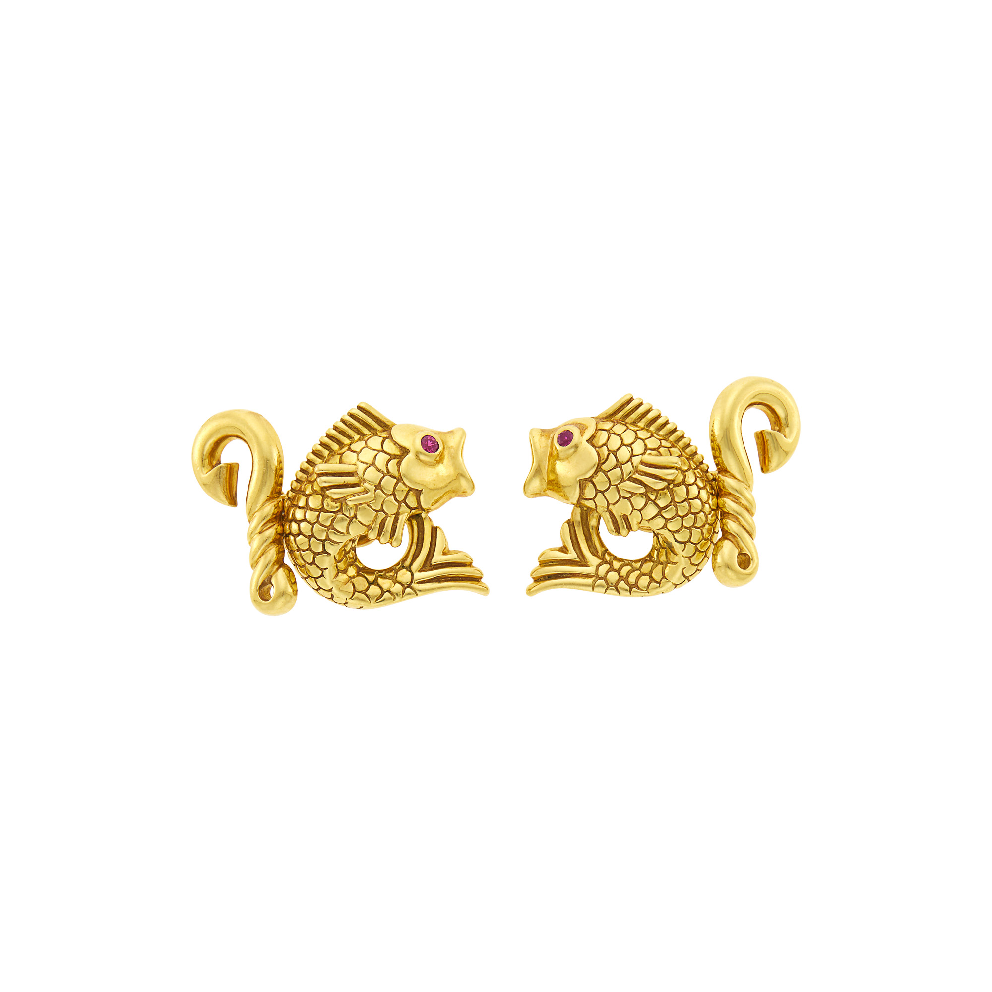 Lot image - Tiffany & Co. Pair of Gold and Ruby Fish and Hook Cufflinks
