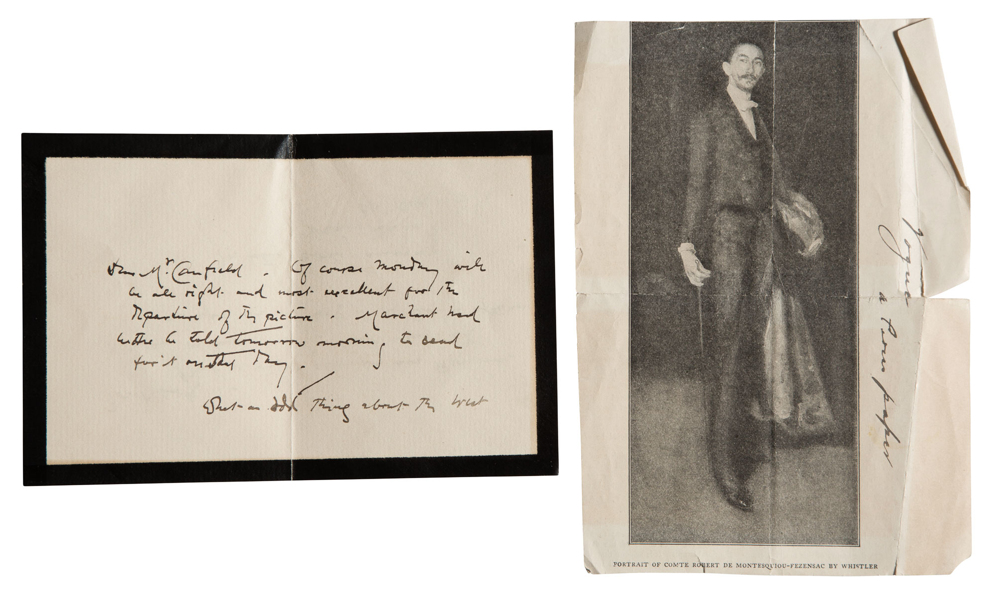 Lot image - WHISTLER, JAMES ABBOTT MCNEILL  Group of autograph notes relating to his portrait of Comte Robert de Montesquiou-Fezensac.