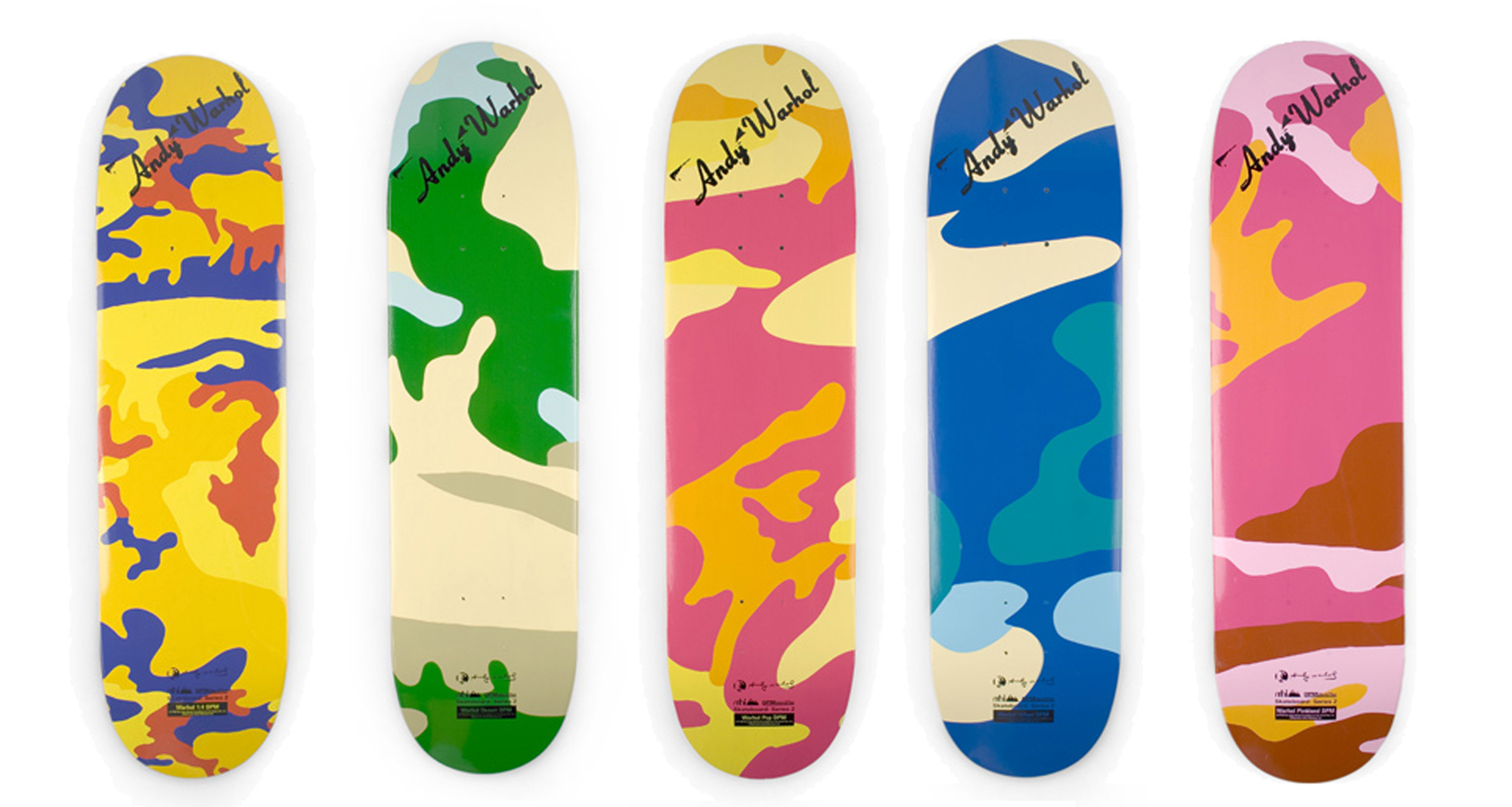 Lot image - After Andy Warhol CAMOFLAGE Set of five screenprint on skateboard decks