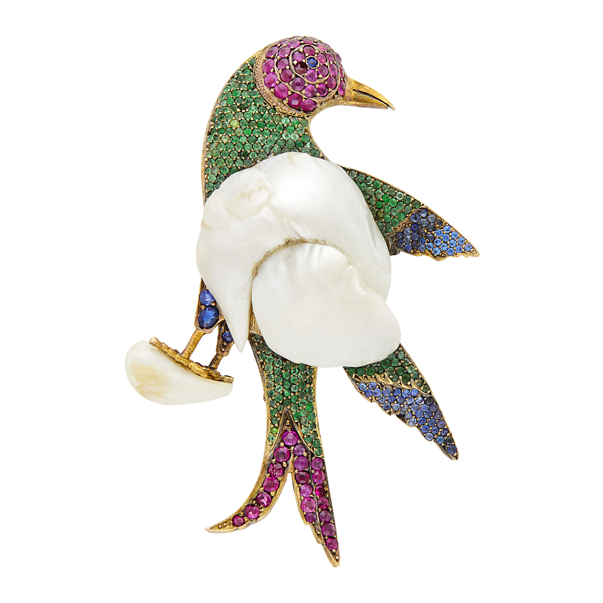 Lot image - Cartier Gold, Freshwater Baroque Pearl and Gem-Set Bird Pendant-Brooch