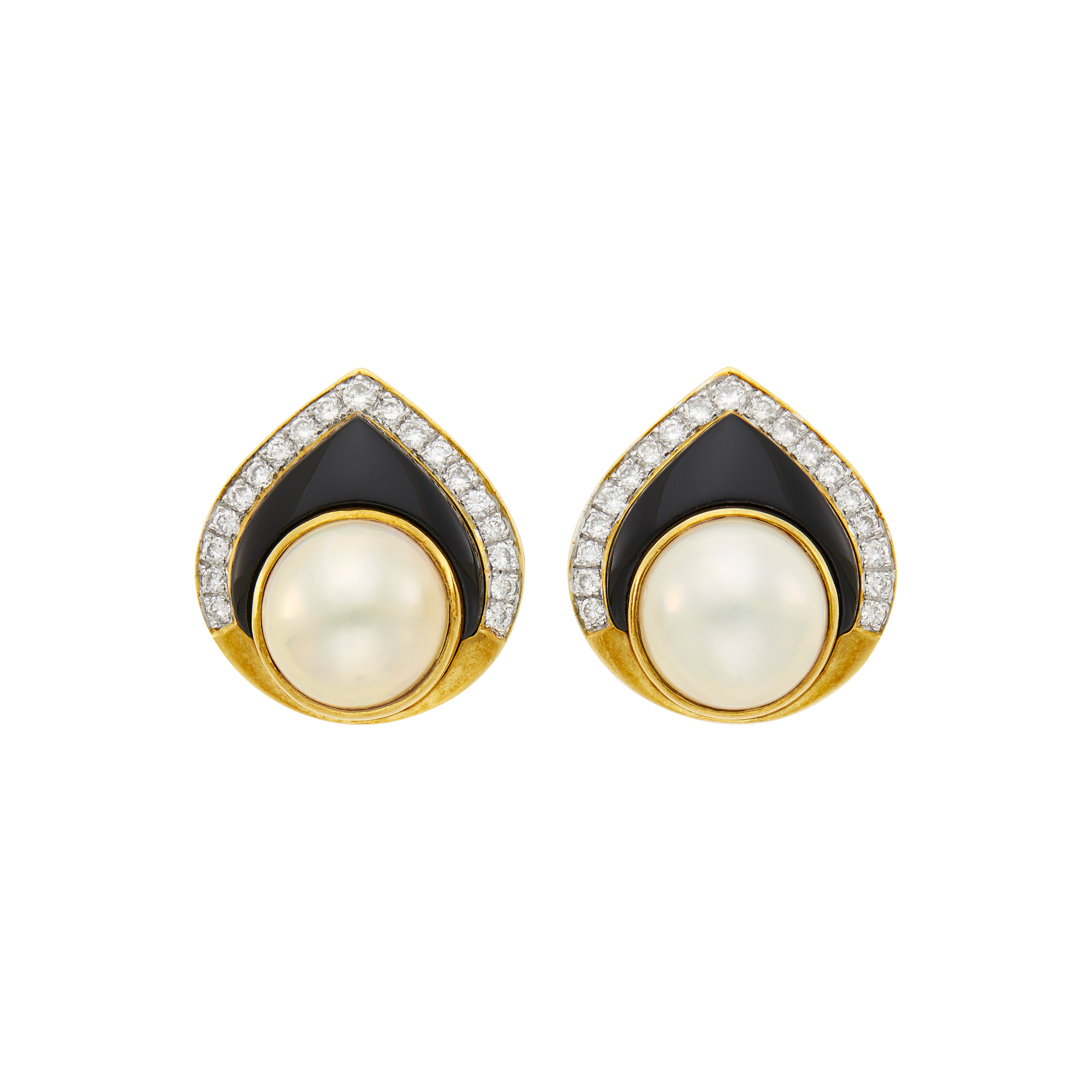 Lot image - Pair of Two-Color Gold, Mabé Pearl, Black Onyx and Diamond Earrings