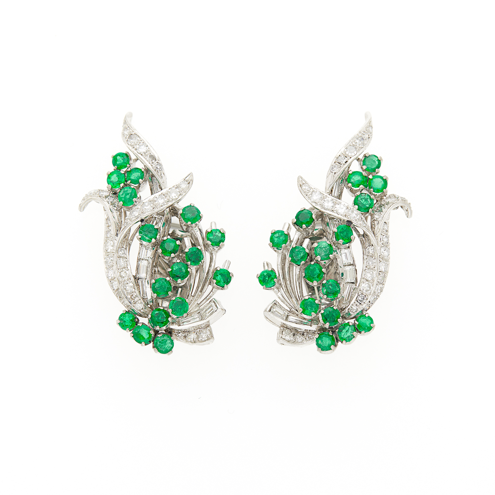 Lot image - Pair of White Gold, Emerald and Diamond Earclips