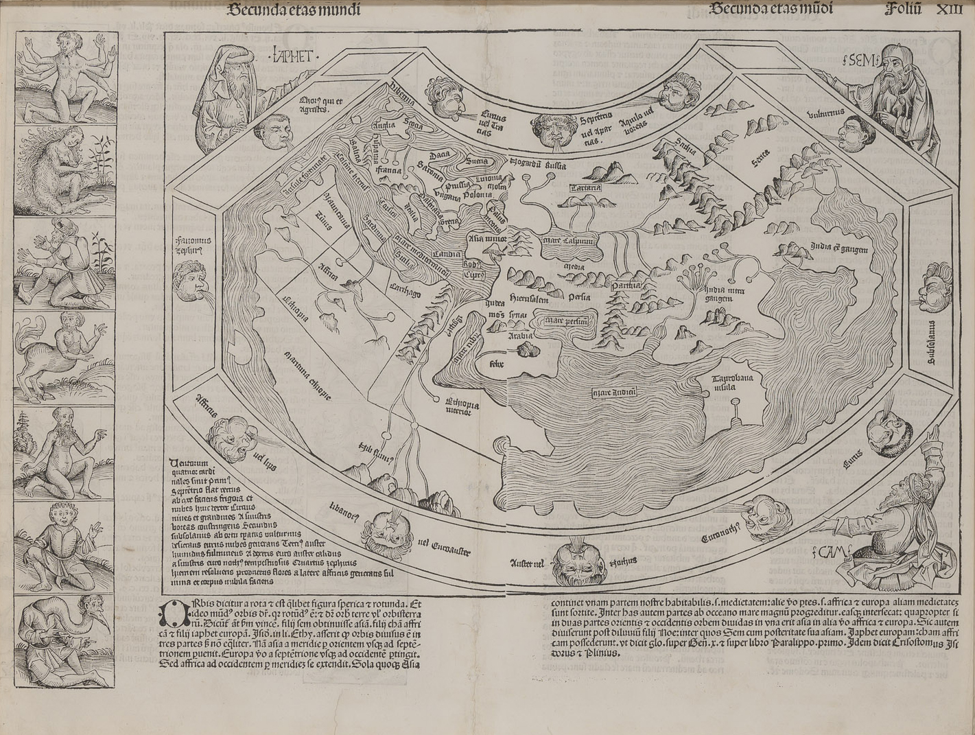 Lot image - SCHEDEL, HARTMANN  [Liber Chronicarum. Folios XII and XIII, the Ptolemaic world map]. Secunda Etas Mundi.