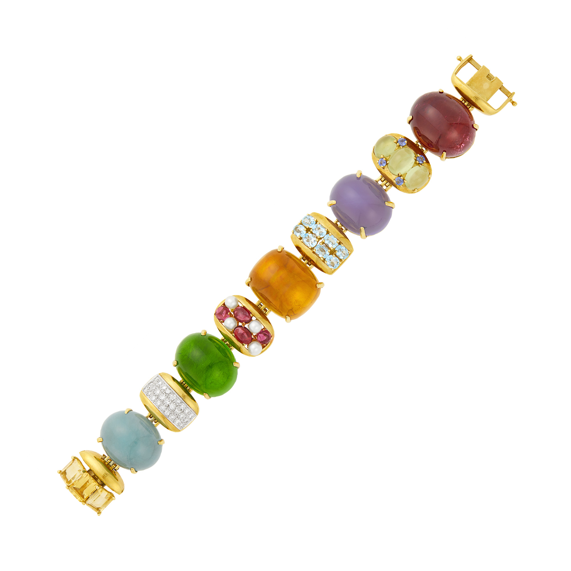 Lot image - Gold, Colored Stone, Cultured Pearl and Diamond Bracelet