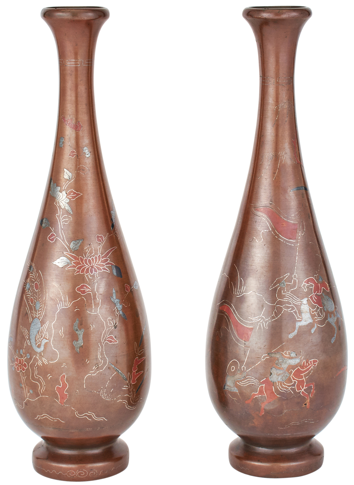 Lot image - Pair of Japanese Mixed Metal and Patinated Bronze Bottle Vases
